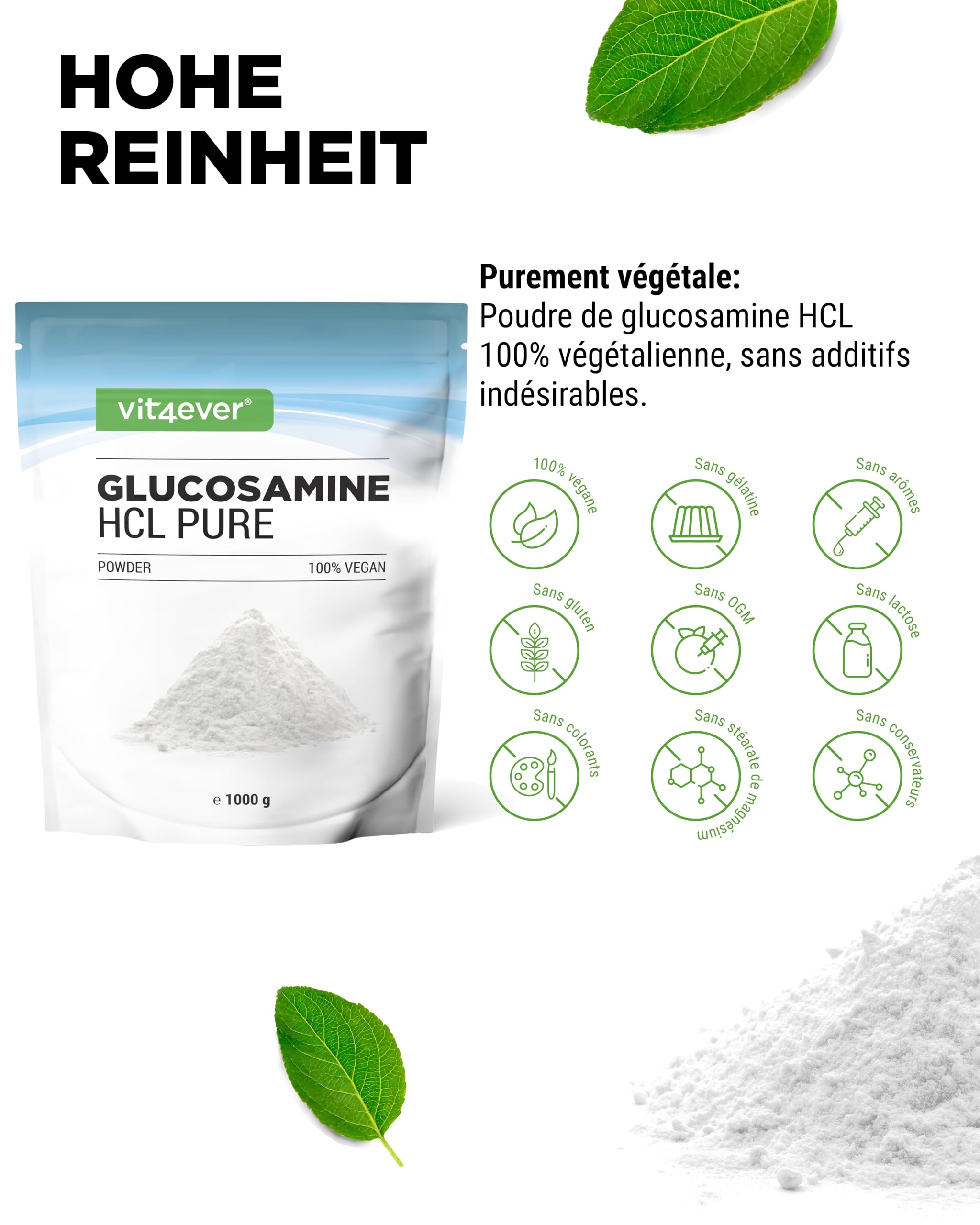 Glucosamine HCL Pure - 1000 g (1 kg) de Poudre Pure sans Additifs - Issue de la Fermentation Végétale - Vegan - Hautement Dosé