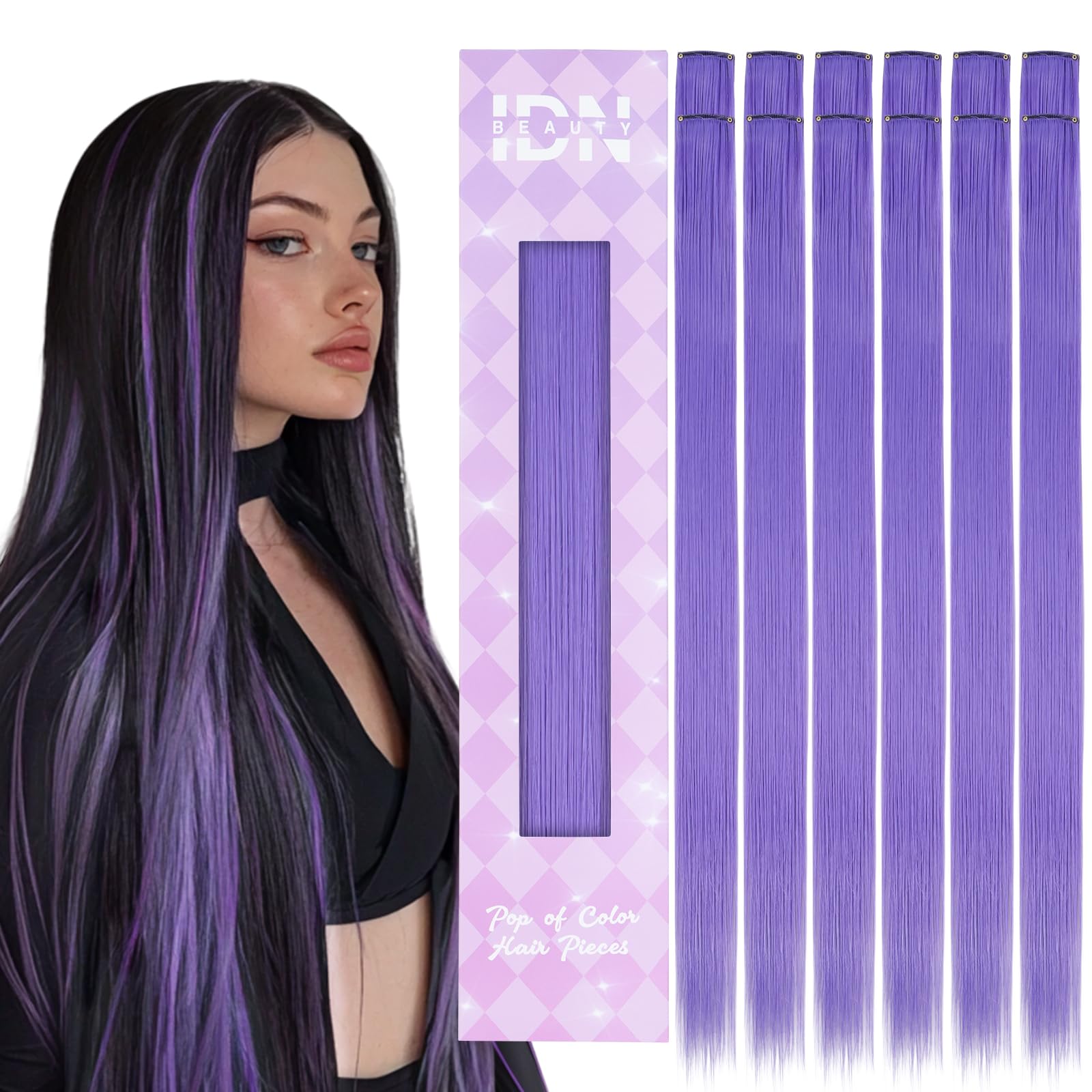 IDN BEAUTY Colored Clip in Hair Extension, 12PCS Light Purple 24Inch Invisible Clip Straight Synthetic Hair Pieces for Women, Hair Accessories for