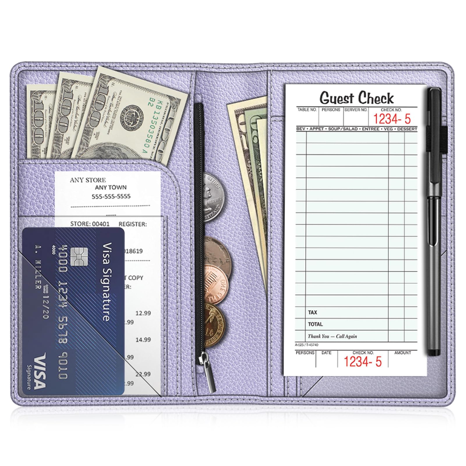 FINTIE Server Book Organizer with Zipper Pocket, PU Leather Restaurant Guest Check Presenters Card Holder for Waitress, Waiter, Bartender (Lilac Purple) — image 1