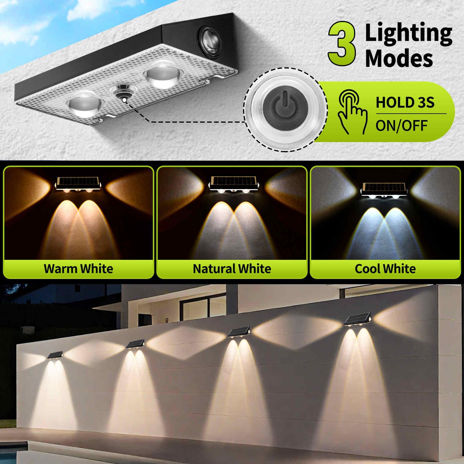 Lampes solaires à 3 voies pour extérieur, 6 lampes solaires à 3 voies, 3 CCT, blanc chaud, blanc froid, lampe solaire 3 voies, étanche IP65, pour escaliers extérieurs