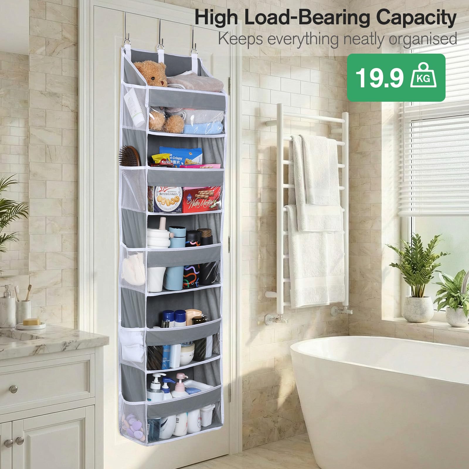 OTraki Wiszący organizer do szafy, 140 x 39 x 17 cm, 5 półek, przezroczyste okienko, z 10 kieszeniami bocznymi z siateczki, z metalowymi haczykami, do łazienki, sypialni, kuchni