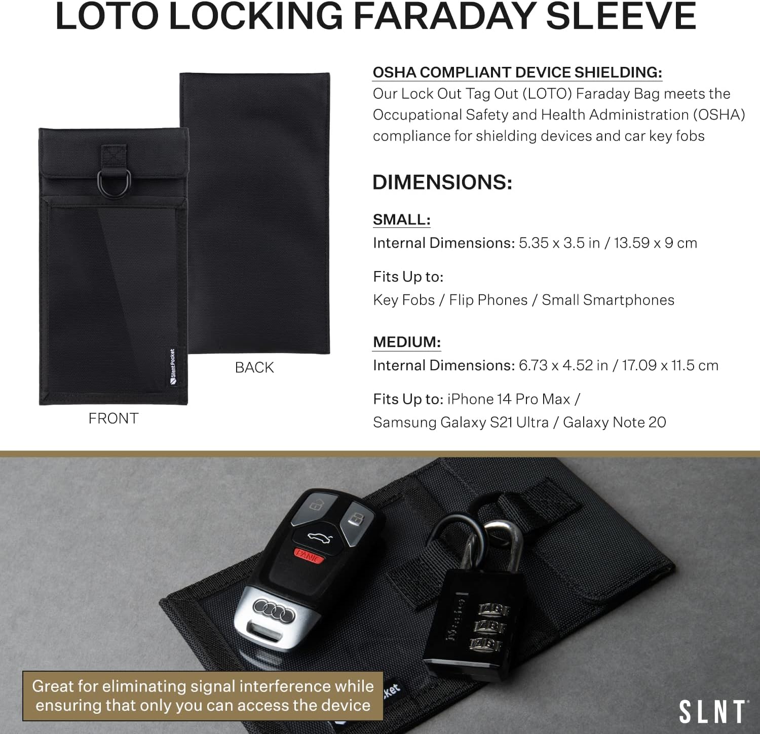 Silent Pocket SLNT Lock Out Tag Out Locking Cell Phone Faraday Sleeve Weatherproof Nylon, Loto Signal Blocking Device Shielding for Most Phones, Keyfobs - Privacy & Anti-Hacking (Black, Medium)