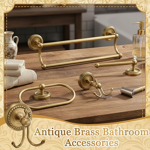 Miniatura 7 de Juego de 4 accesorios de baño de latón antiguo dorado montado en la pared, toallero, soporte para papel higiénico y gancho para bata, juego de