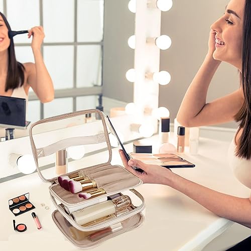 Miniatura 7 de Bolsa de aseo transparente, organizador de artículos de aseo de viaje transparente, gran apertura, bonita bolsa de maquillaje de viaje, artículos