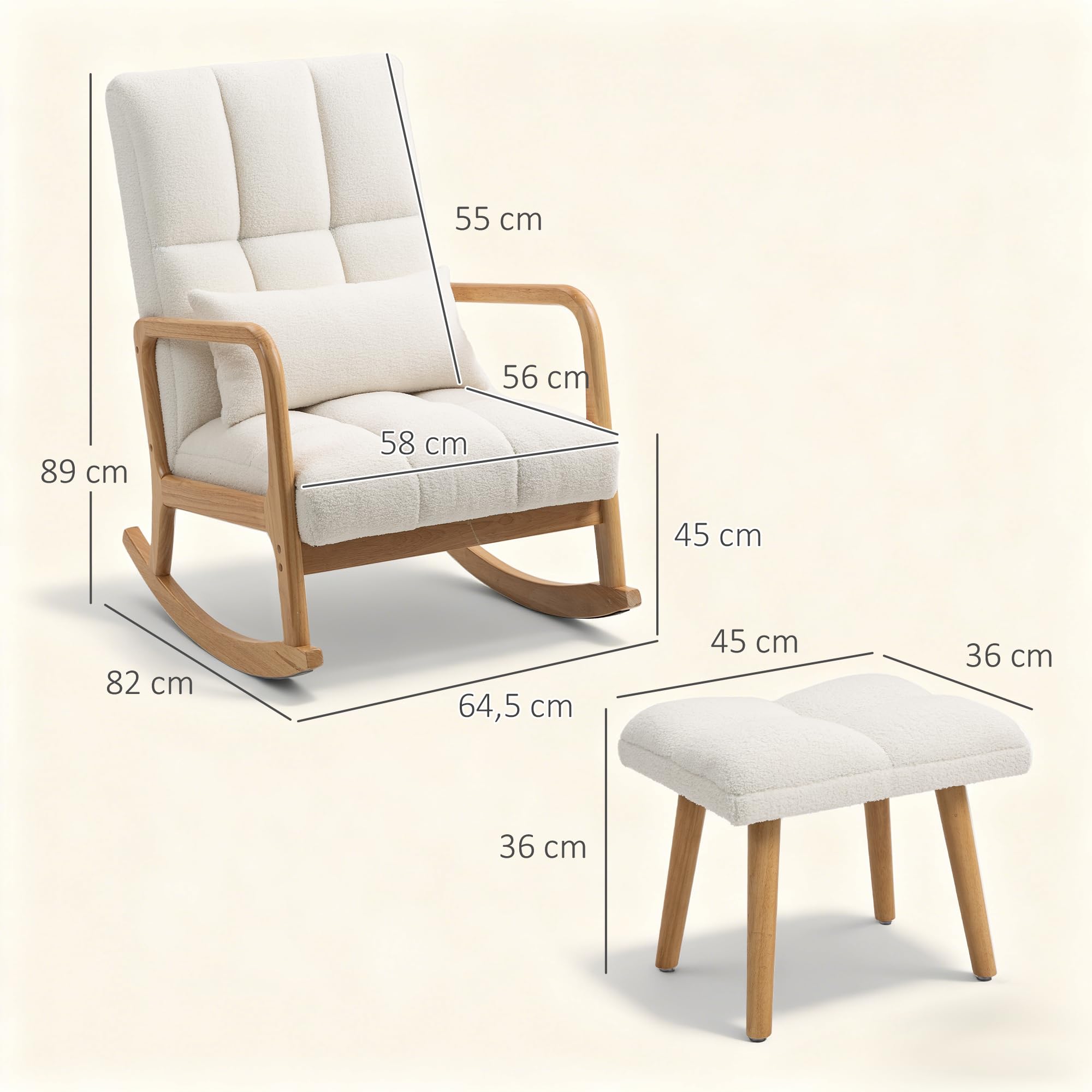 HOMCOM Fauteuil à Bascule avec Repose-Pieds, Rocking Chair en Tissu Bouclette, Assise Large, Pieds en Bois, Coussin Inclus, Chaise à Bascule pour Salon, Chambre, Balcon, Blanc