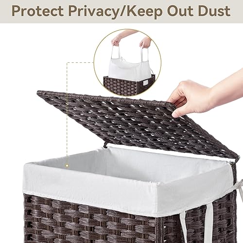 Miniatura 4 de Chrislley Cesta de lavandería delgada de 90L con ruedas, cesta de lavandería con tapa y bolsa de forro renovable, organizador de ratán tejido a mano