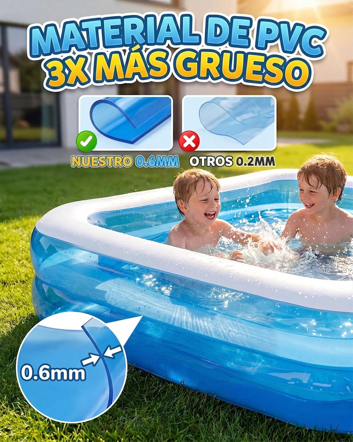 Piscina Hinchable 200x150x50cm PVC Rectangular–Piscina Inflable Familiar para Jardín Y Exterior, Piscina Hinchable Adultos, Bañera Hinchable Adulto, Piscinas Hinchables Verano