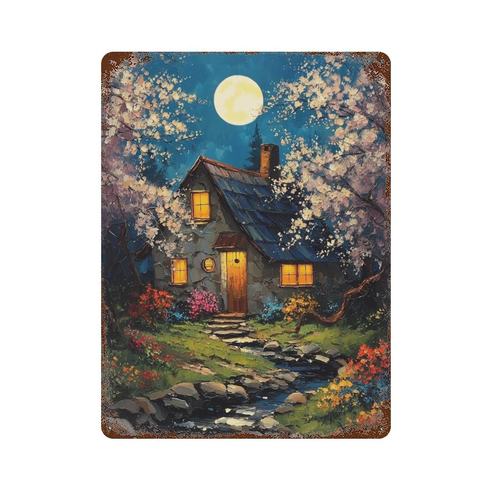 Rustic Tin Plaque Moonlit Cottage Garden 15.7"x11.8", Vintage Wall Decor for Pub, Kitchen And Man Cave Decor