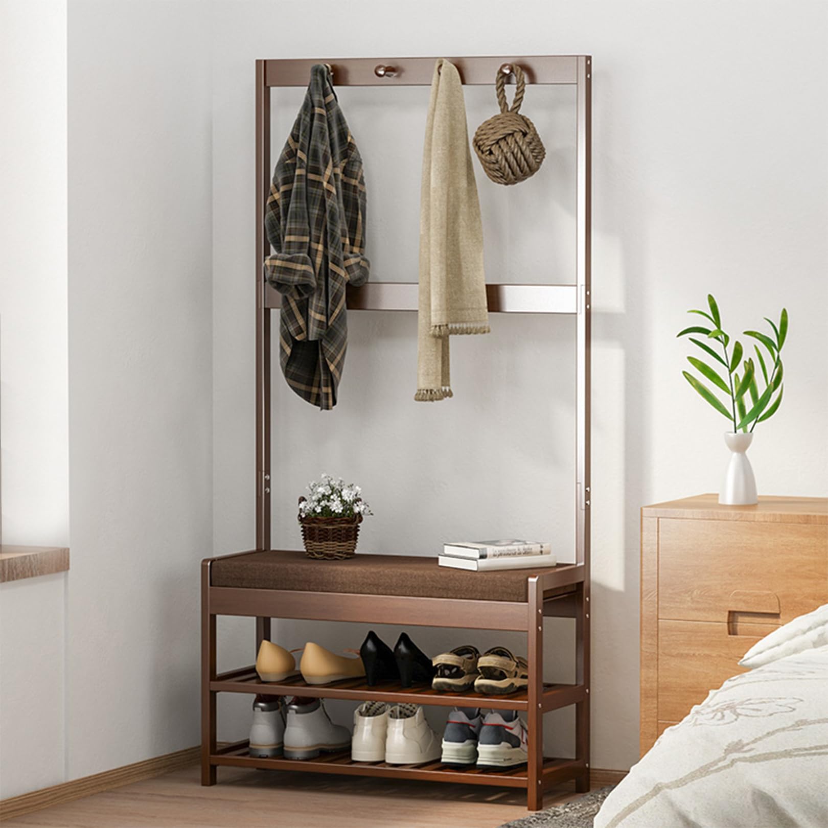 MYUYEE Industrial Hall Tree Storage Bench For Entryway Wood Look Accent Large Shoe Rack Bench With Storage Shelf Hanging Bar - Coat Rack Shoe Bench(90X27X158Cm)