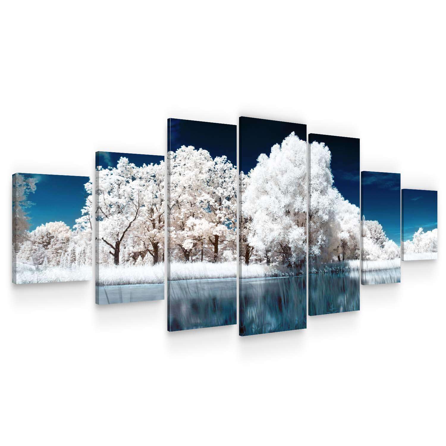 Startonight Huge Canvas Wall Art - Frozen Forest and Lake Large Framed Set of 7 100 x 240 cm