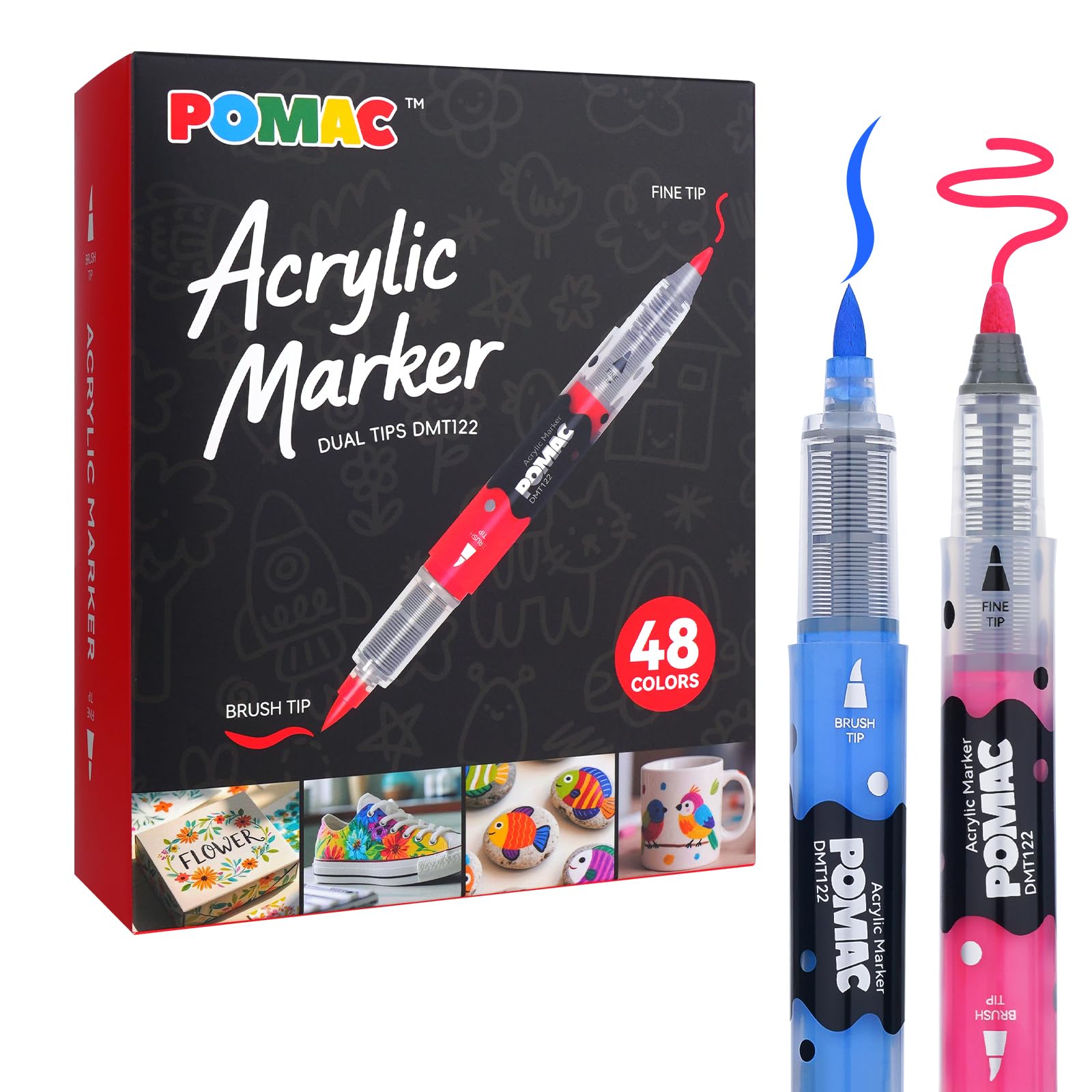 POMAC Marqueurs de peinture acrylique à double pointe, 48 couleurs