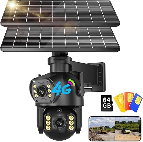 Neye - Cámara de seguridad solar 4G LTE 4K con doble lente de visión nocturna a color, cabezal giratorio y dos paneles solares, batería de 12000