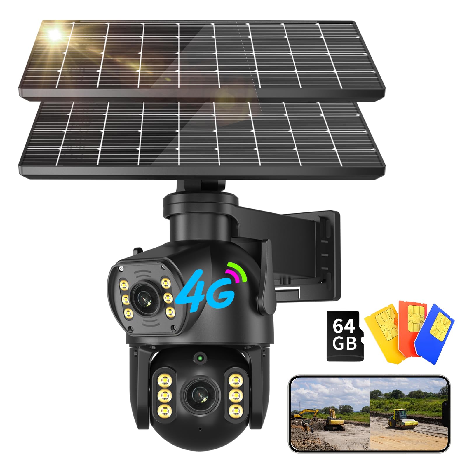 Neye 4G LTE Solar Security Camera 4K with Dual Lens Color Night Vision, Rotating Head, and Two Solar Panels,12000mah Battery,PIR Motion Sensor, 2 Way