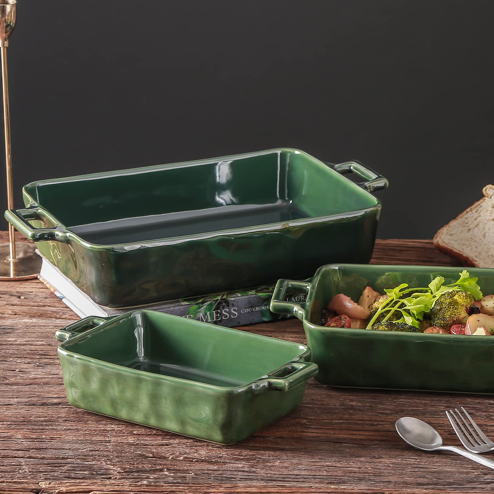 VICRAYS Ceramiczny zestaw naczyń do pieczenia, porcelanowe prostokątne naczynie do pieczenia, patelnia do lasagne, zestaw naczyń do zapiekanek, do gotowania, kuchni, kolacji na ciasto, bankietu i codziennego użytku, 3 szt., 35 x 21 cm (zielony)