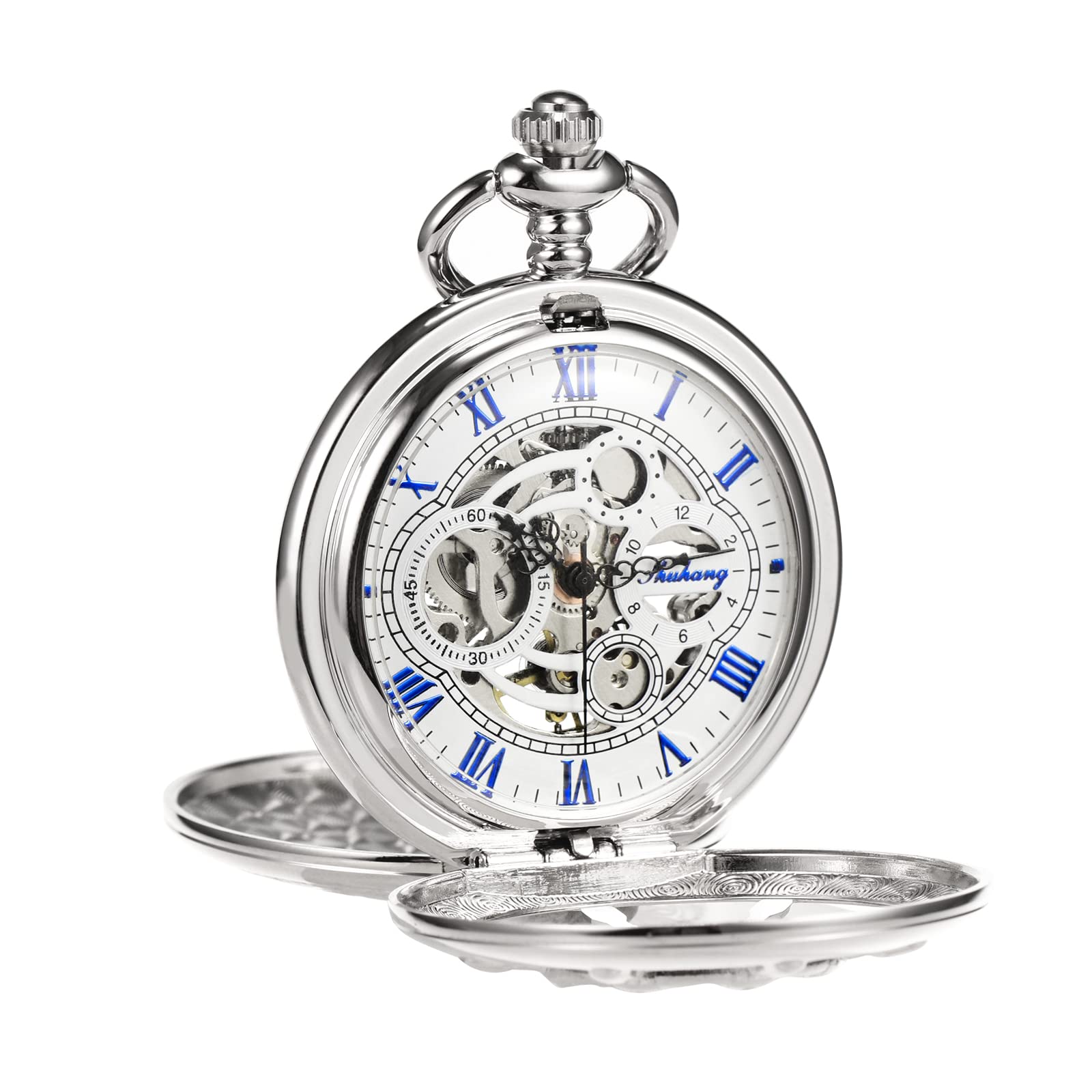 TREEWETO Reloj de Bolsillo Vintage Timón Hueco Mecánico Steampunk Esqueleto Números Romanos Reloj de Bolsillo con Cadena para Hombres Mujeres