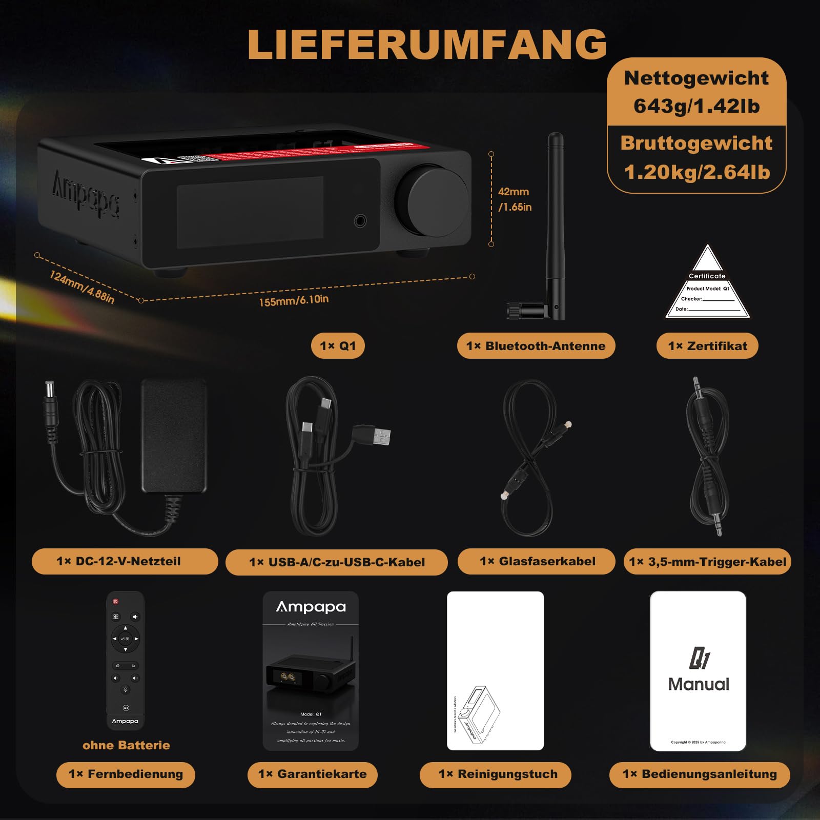 Q1 Digital-Analog-Wandler: HiFi USB DAC Adapter 768 kHz/32 Bit DSD512, APTX-HD Bluetooth 5.2 Kopfhörerverstärker mit ESS9039+AK4493 für Heimstereo-Verstärker und Desktop-Hören