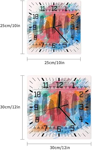 Miniatura 7 de Colorido reloj de pared de madera degradado silencioso sin tictac, reloj de pared cuadrado con plumas del suroeste del siglo medio, funciona con