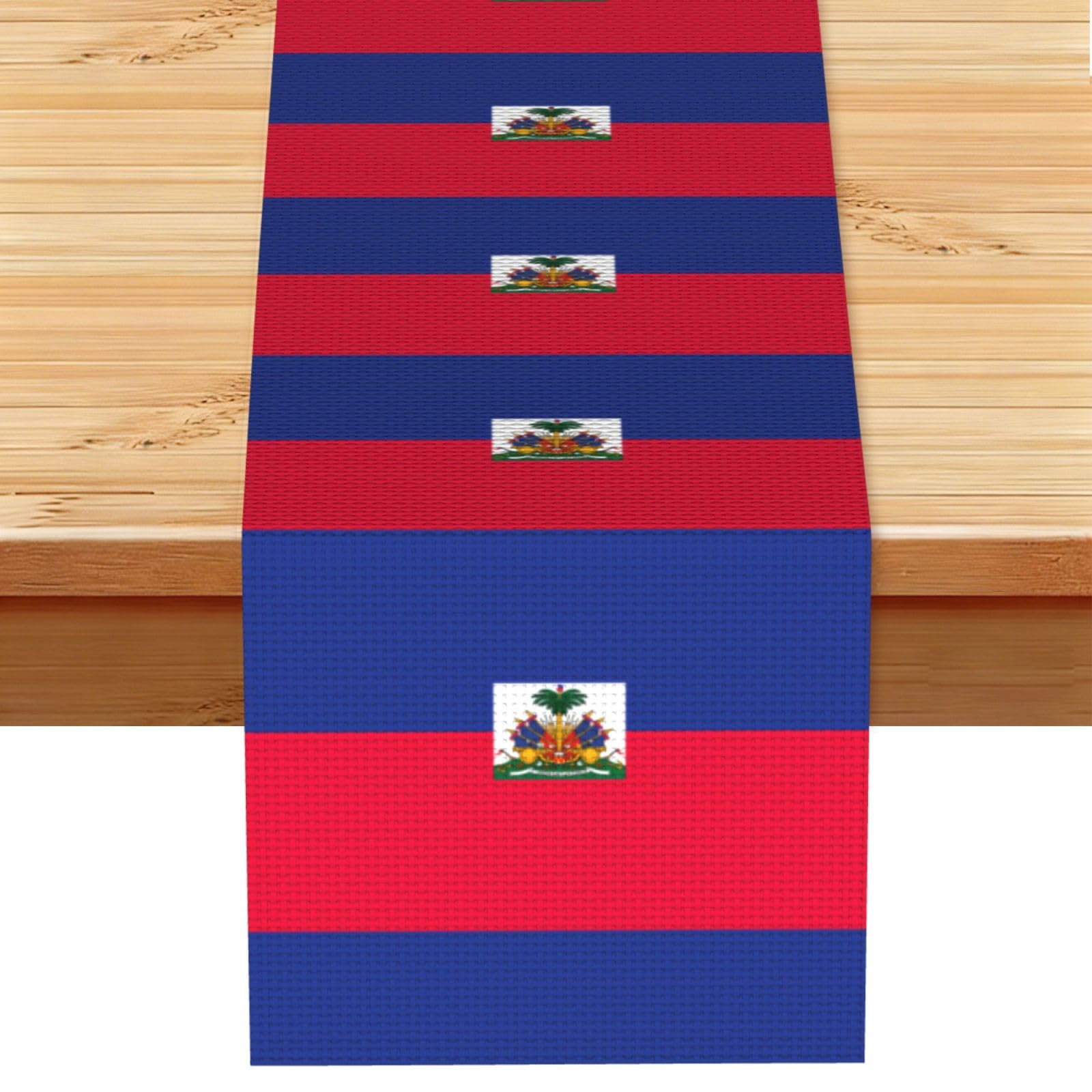 Haitian flag Linen Look Table Runner 13x72-Wrinkle Resistant Farmhouse Style for Dining Table Decor