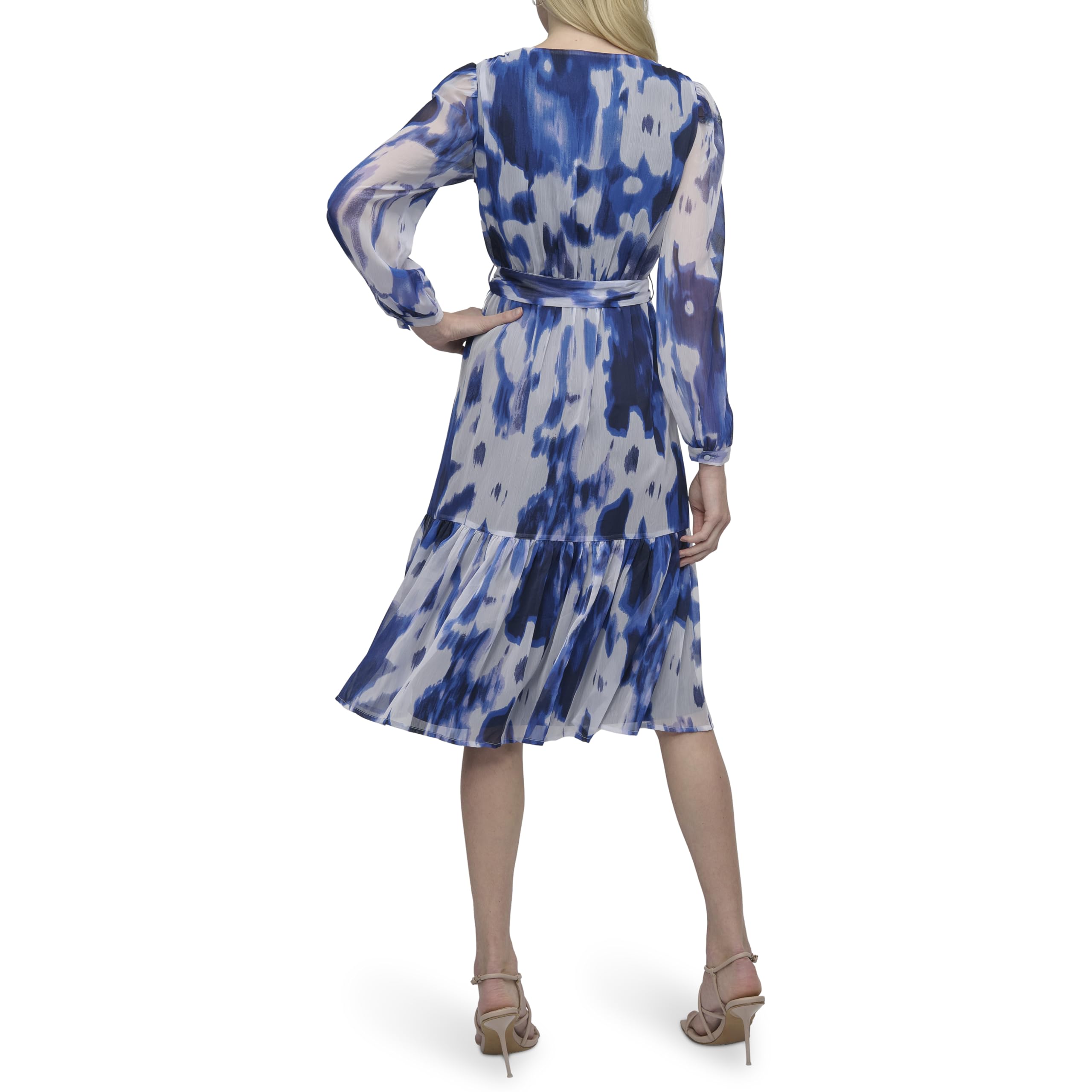 DKNY Long Sleeve V-Neck Tie Waist Midi Dress Vestido Mujer