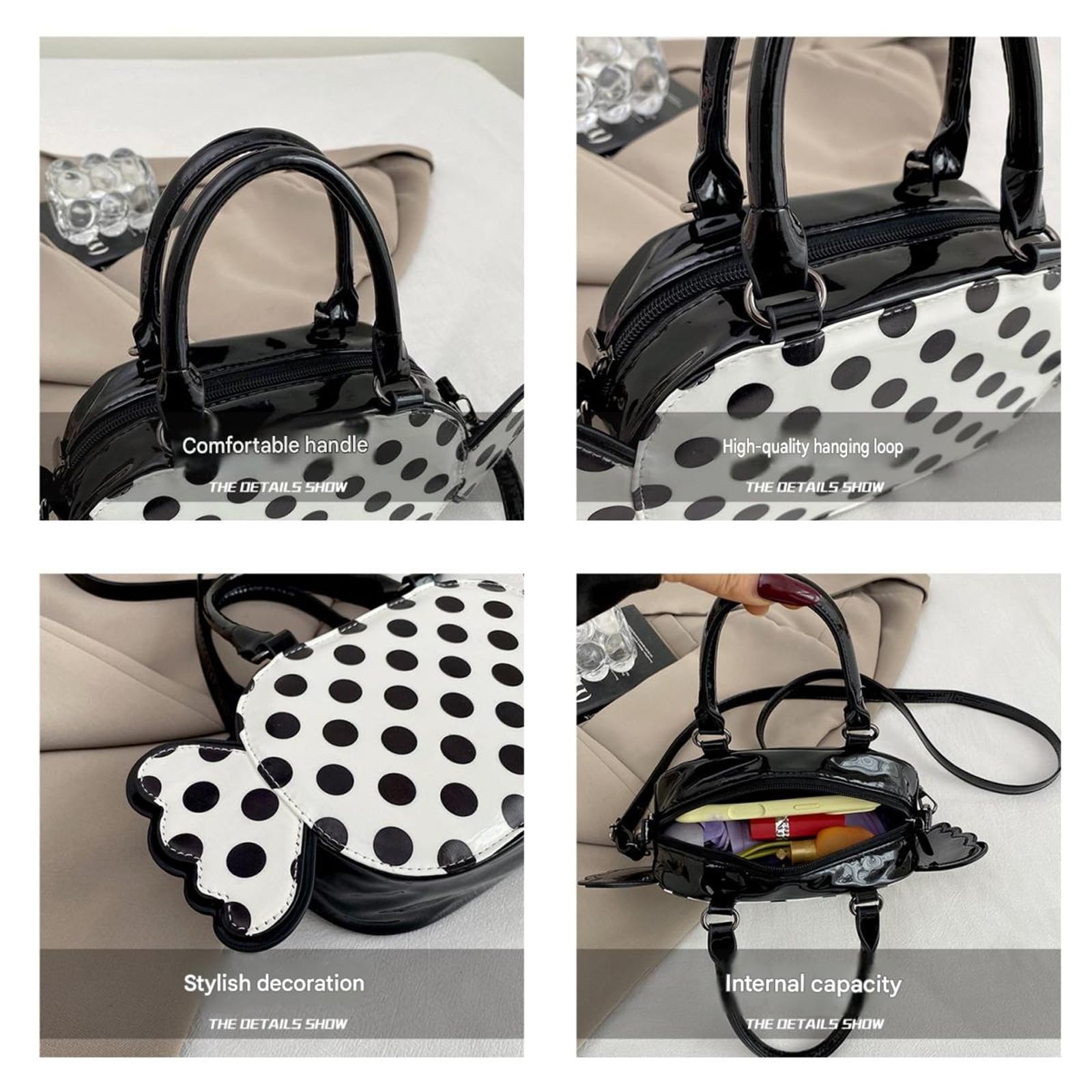 Borsa Elegante A Tracolla da Donna Pois Mano E di Grande capacità-Bianco