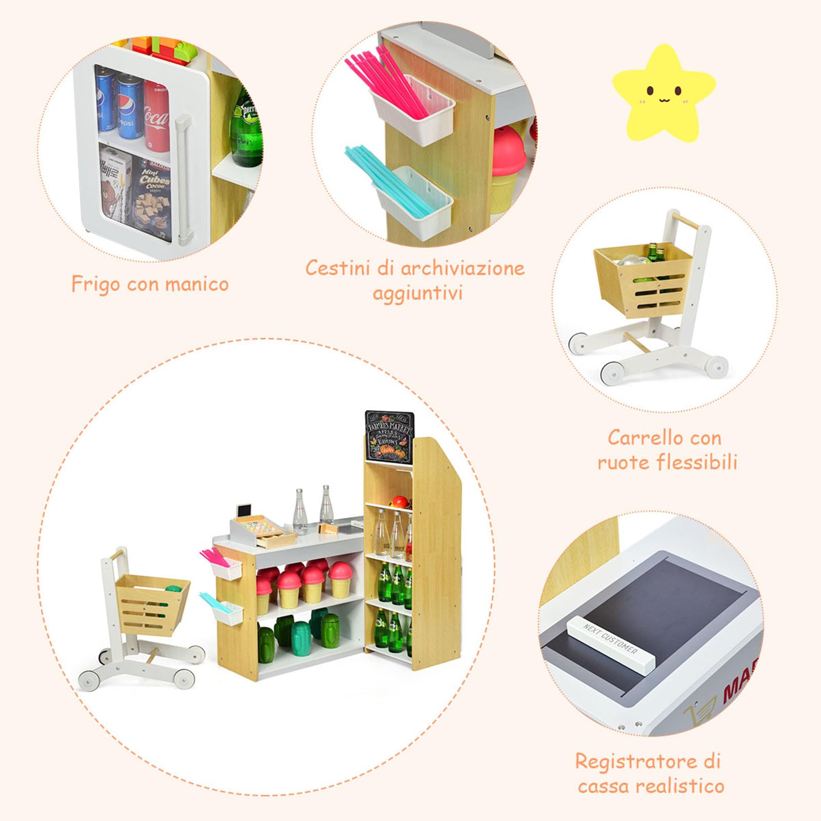 COSTWAY Gioco Negozio Bancarella per Bambini, Market Mercato in Legno, con Carrello della Spesa e Cassa, Bianco e Legno