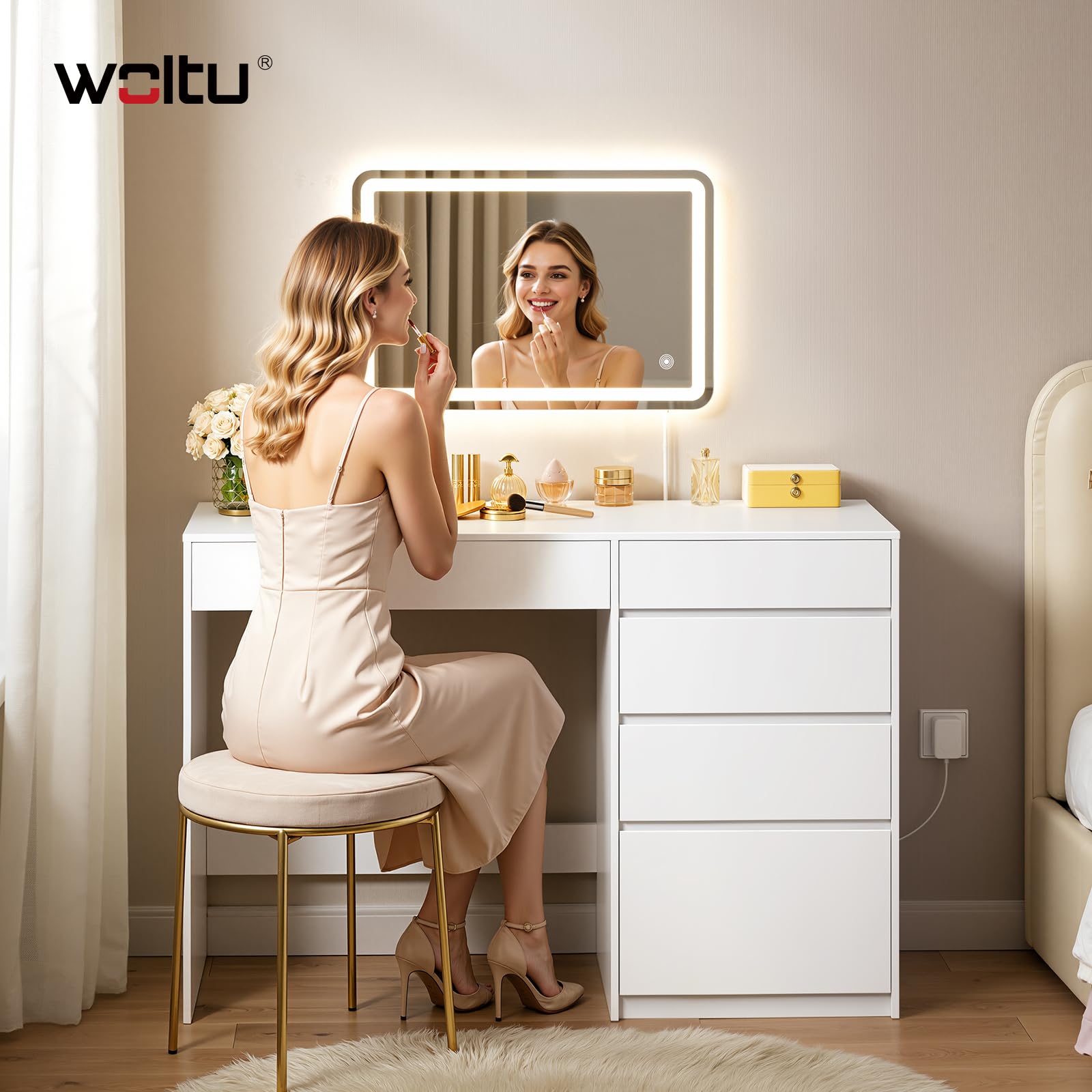 WOLTU Coiffeuse Bureau 2 en 1 avec Miroir LED, 5 tiroirs, Table Maquillage avec Miroir Mural 60x40 cm, 100x45x75 cm, Meuble Chambre Moderne en Bois, Blanc