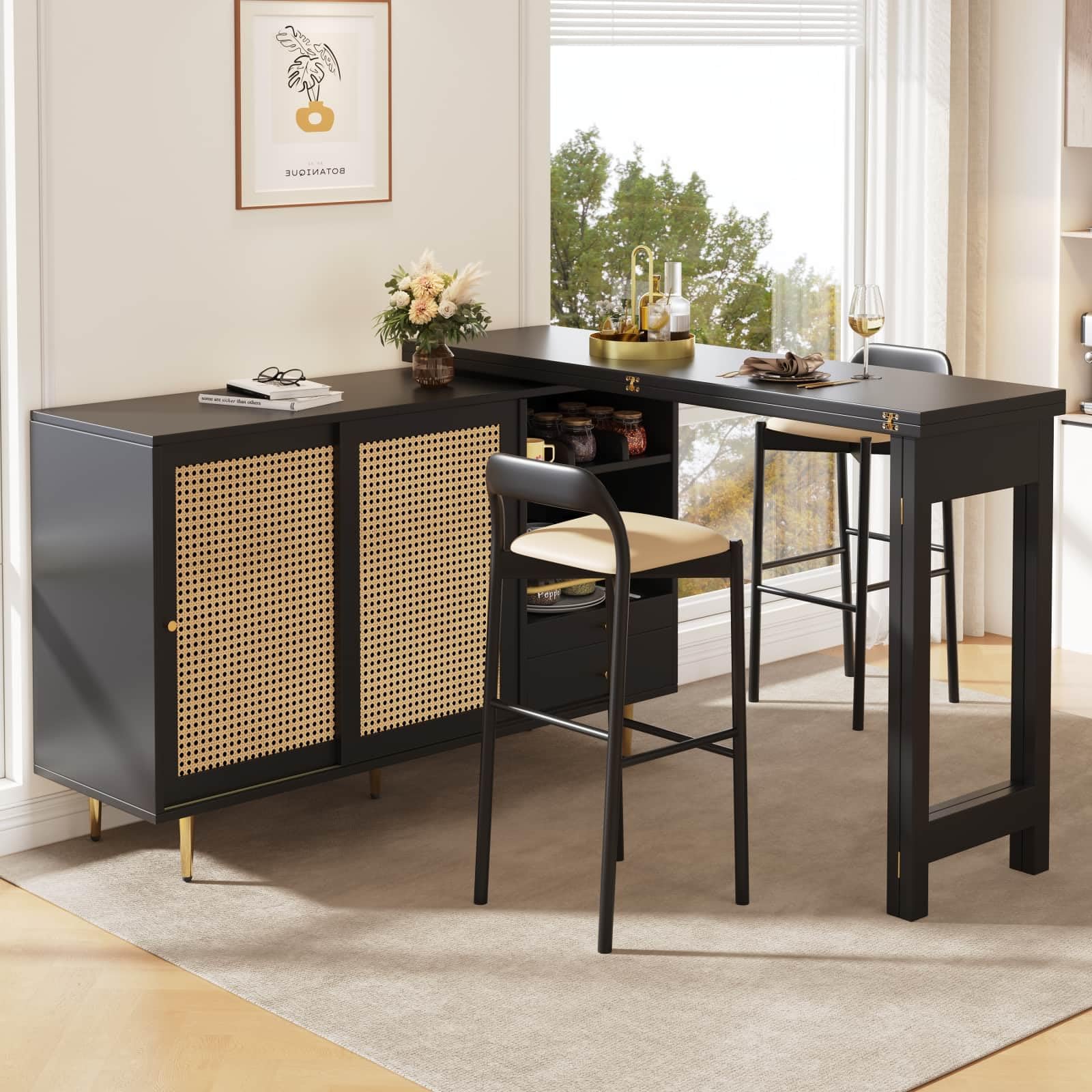 KOMHTOM Central Cuisine avec Rangement et Plan de Travail Table Cuisine Petit Espace, desserte Cuisine avec tiroirs et 2 Portes Table Bar avec Table à Manger et buffets (Noir)(Chaise Non Incluse)
