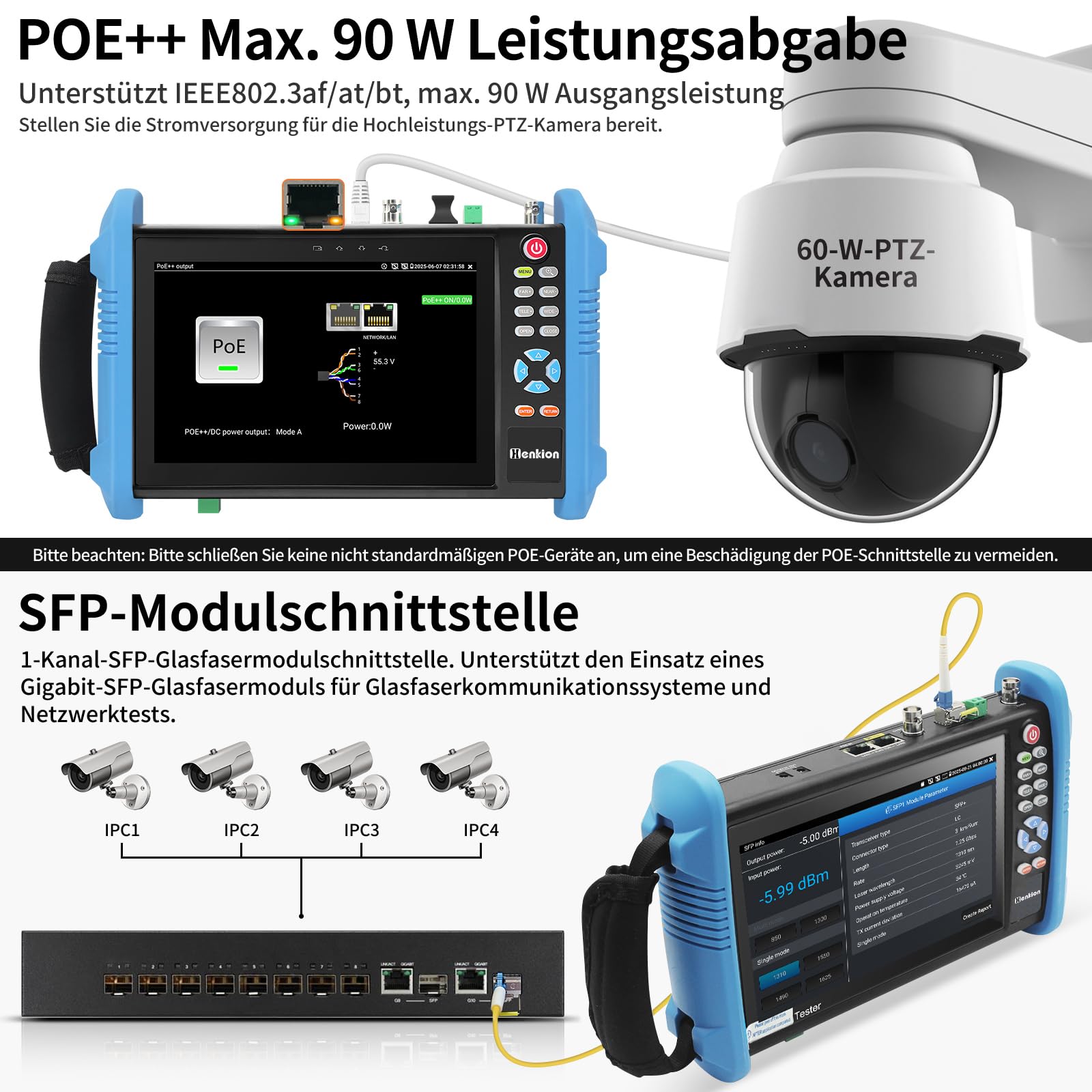 Henkion CCTV Kamera Tester, 8K 32MP 4K 12MP IP Kameratester mit POE++ 90W, 7" IPS Touchscreen Kabel Tester Netzwerk Tools Unterstützung 1CH SFP Schnittstelle IPC Tester IPC-9800CPro mit Kabelverfolger