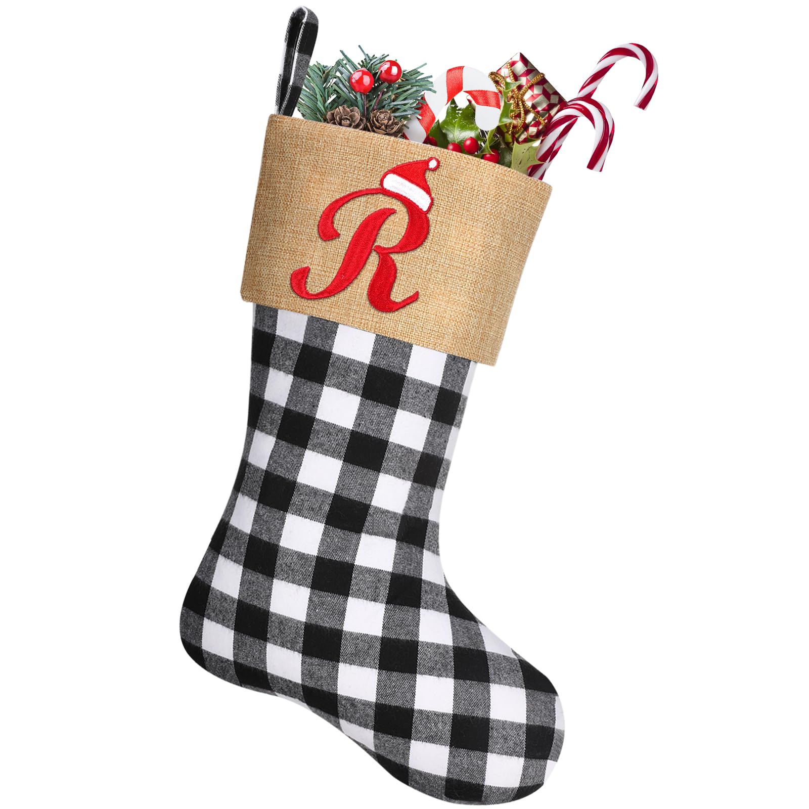 20 Inches Large Monogram Christmas Stockings Embroidered Initial Christmas Stocking Black White Buffalo Plaid Burlap Christmas Stocking for Christmas Xmas Tree Fireplace Decorations, Letter R