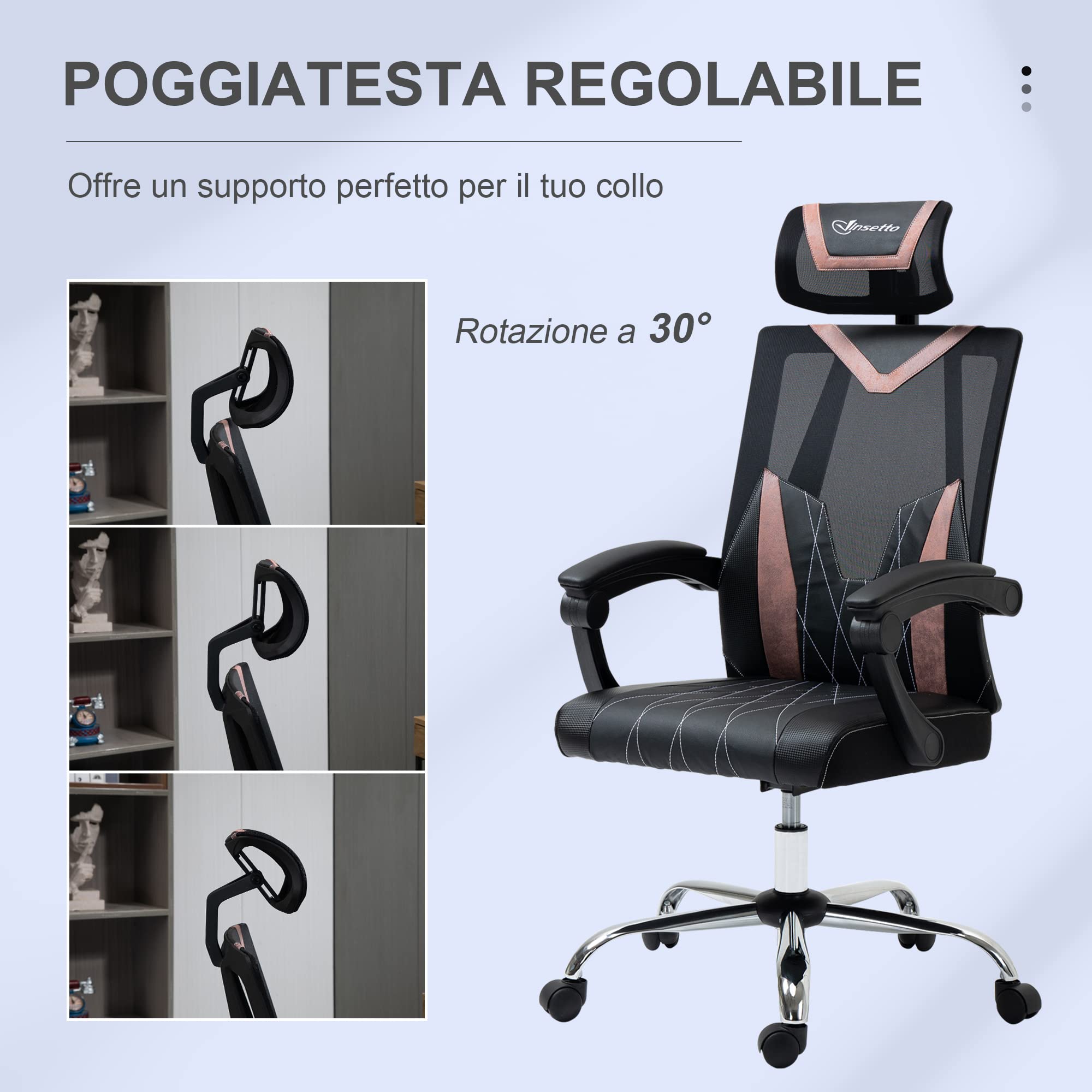 Vinsetto Sedia da Ufficio Ergonomica con Rotelle 58x62.5x112-120cm Rosa