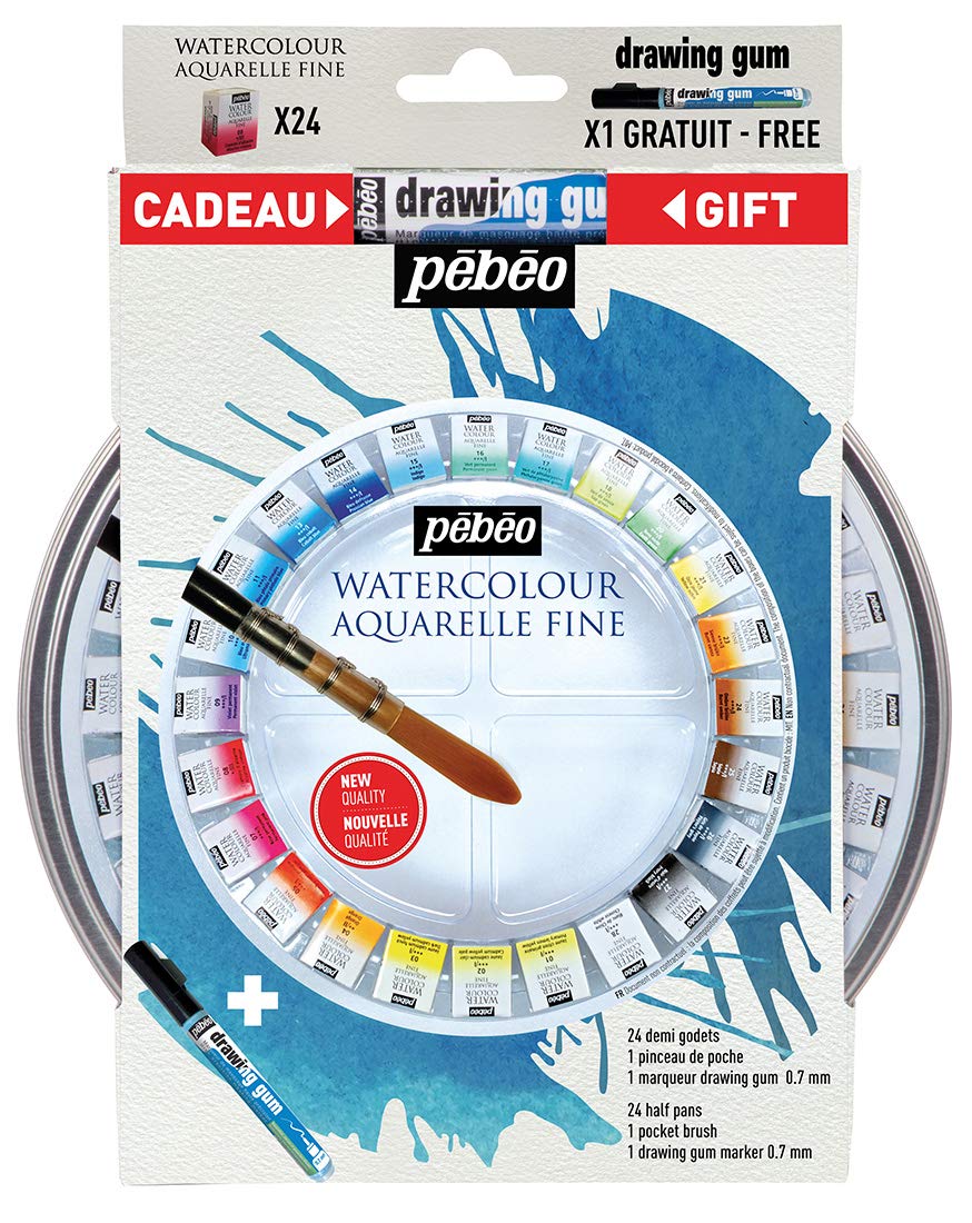 Pébéo - Aquarelle 24 Demi-Godets + Pinceau + marqueur Drawing Gum 0.7 mm