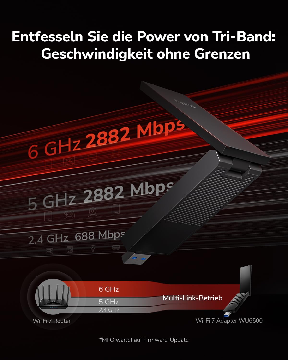 Cudy BE6500 Tri-Band Wi-Fi 7 Wireless USB 3.0 Adapter WU6500 WiFi für Desktop-PCs, unterstützt Windows 11/10, Antennen mit hoher Verstärkung, 6 GHz, 4K-QAM, 160 MHz, WPA3 | WiFi 7, 688+2882+5765 Mbps, Langstreckenantenne, Universal-Serial-Bus 3.0, OFDMA,
