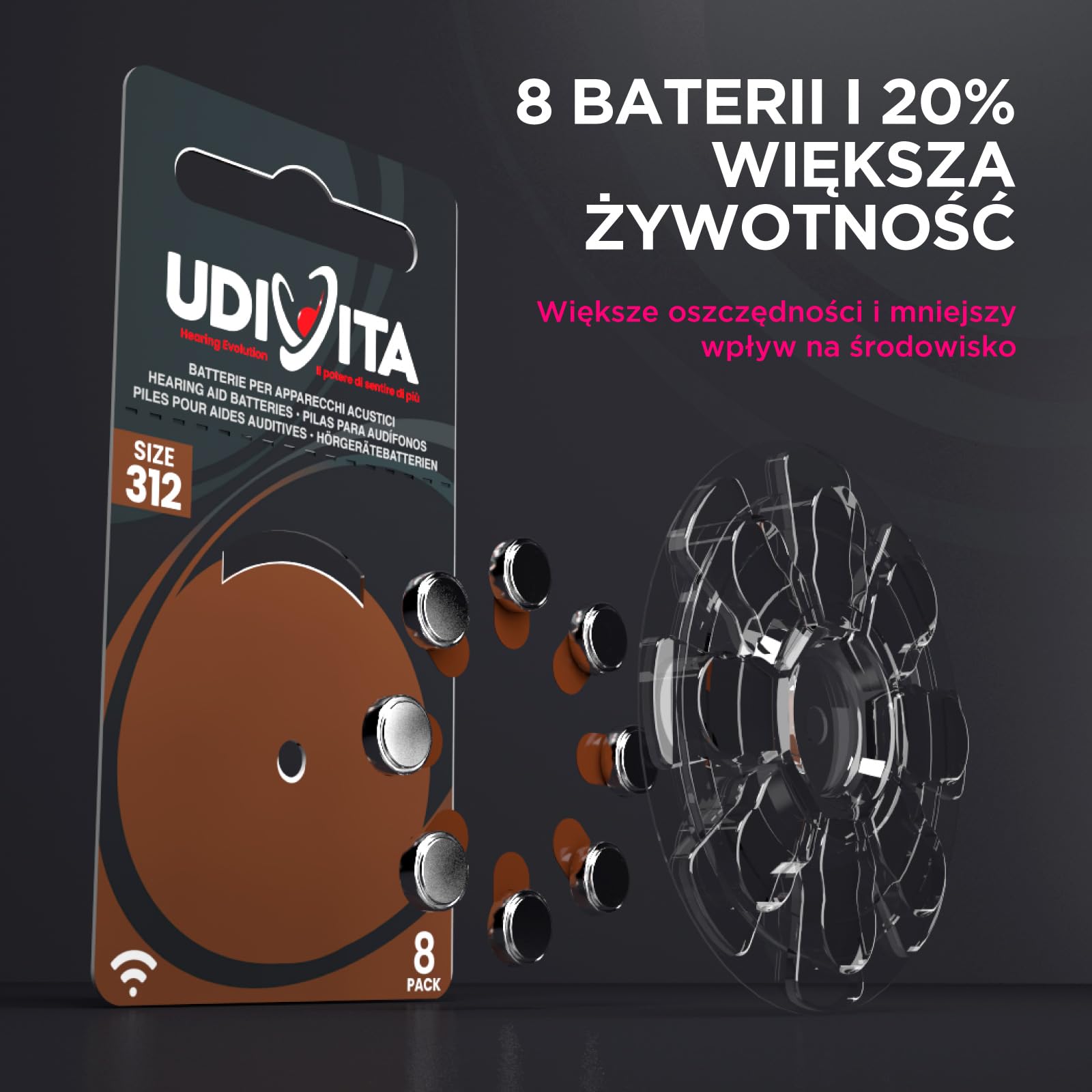 160 baterii do aparatów słuchowych Udivita rozmiar 312 (brązowy) PR41 z technologią Phono Pulse - 20 blistrów po 8 baterii