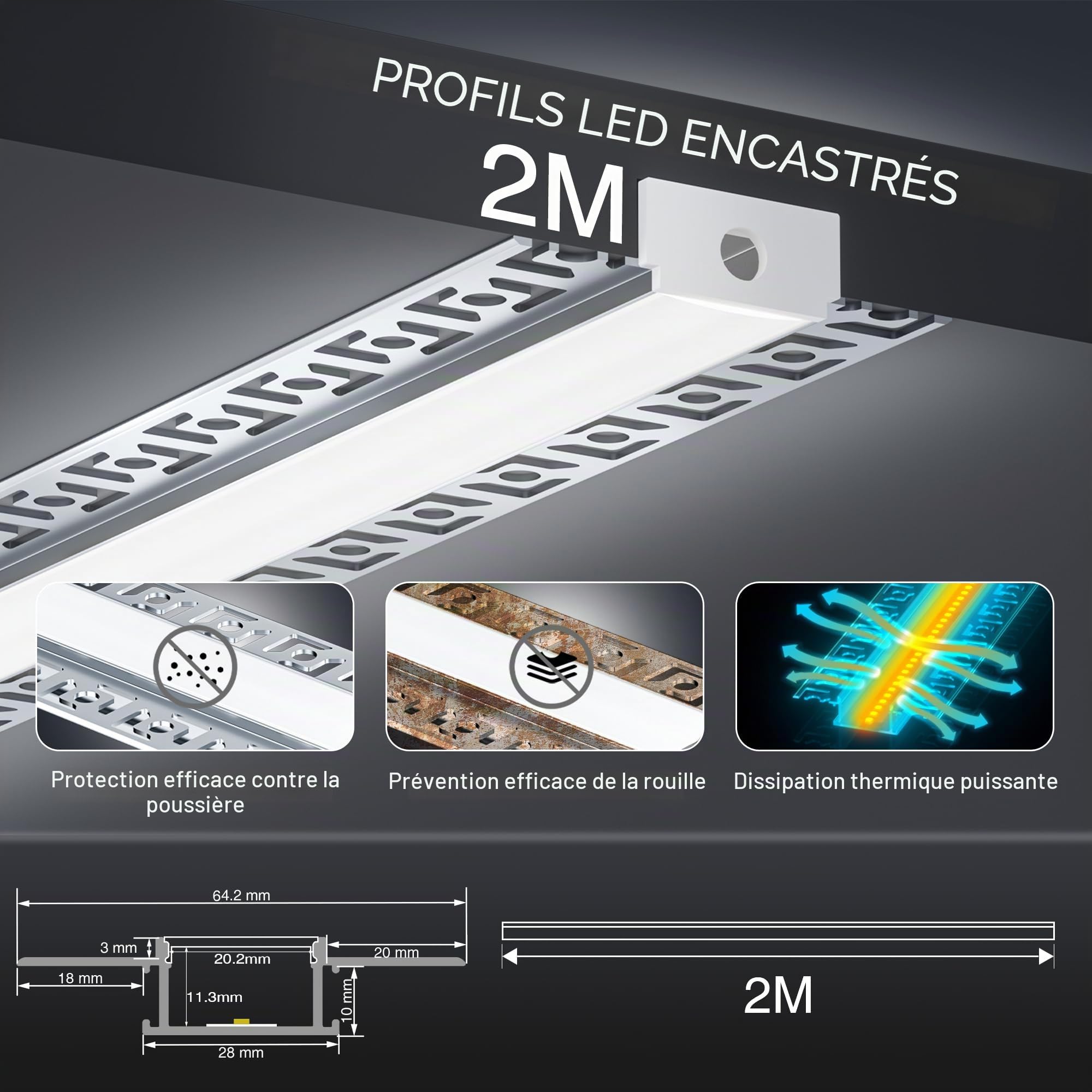 Profilé LED Encastrable 26 x 2m – Profilé U Forme pour Ruban LED Jusqu’à 20,2 mm – Diffuseur Laiteux, Embouts – Canal Aluminium pour Ruban, Installation Facile