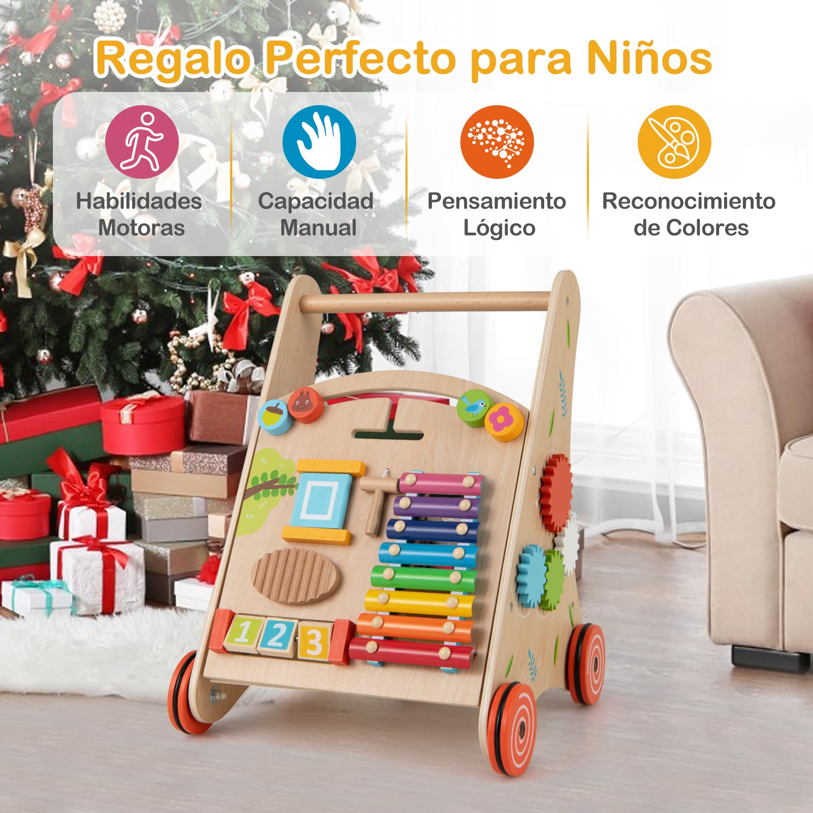 COSTWAY Andador para Bebé de Madera, Correpasillo de Empuje con Asa, Almacenaje y Ruedas, Juguete de Aprendizaje Montessori de Empuje y Tirón, Tacata de Sentado a de Pie para Niños de 3+ Años