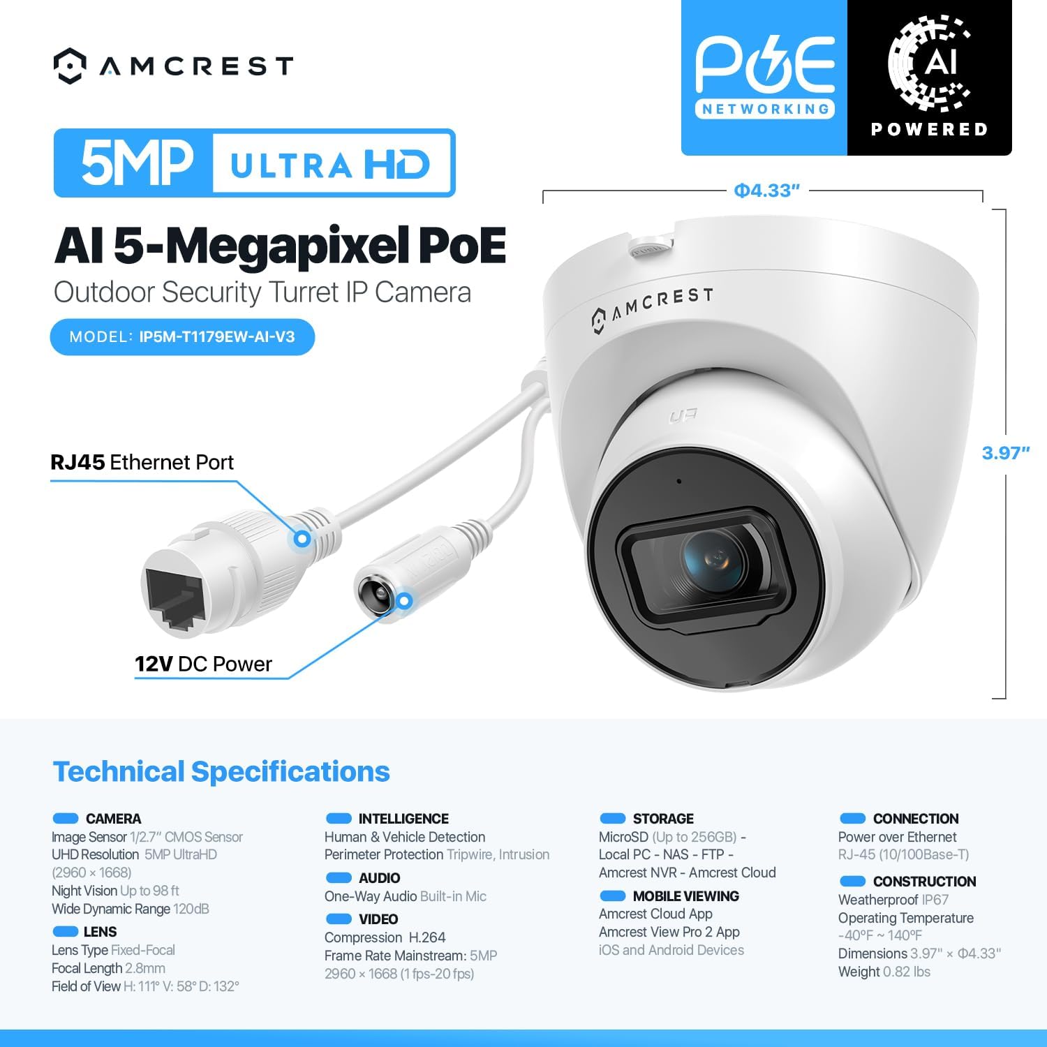 Amcrest 5MP Turret POE Camera, UltraHD Outdoor IP Camera POE with Mic/Audio, 5-Megapixel Security Surveillance Cameras, 98ft NightVision, 132° FOV, MicroSD (256GB), (IP5M-T1179EW-AI-V3) 8 717NMSntZ9L. AC SL1500