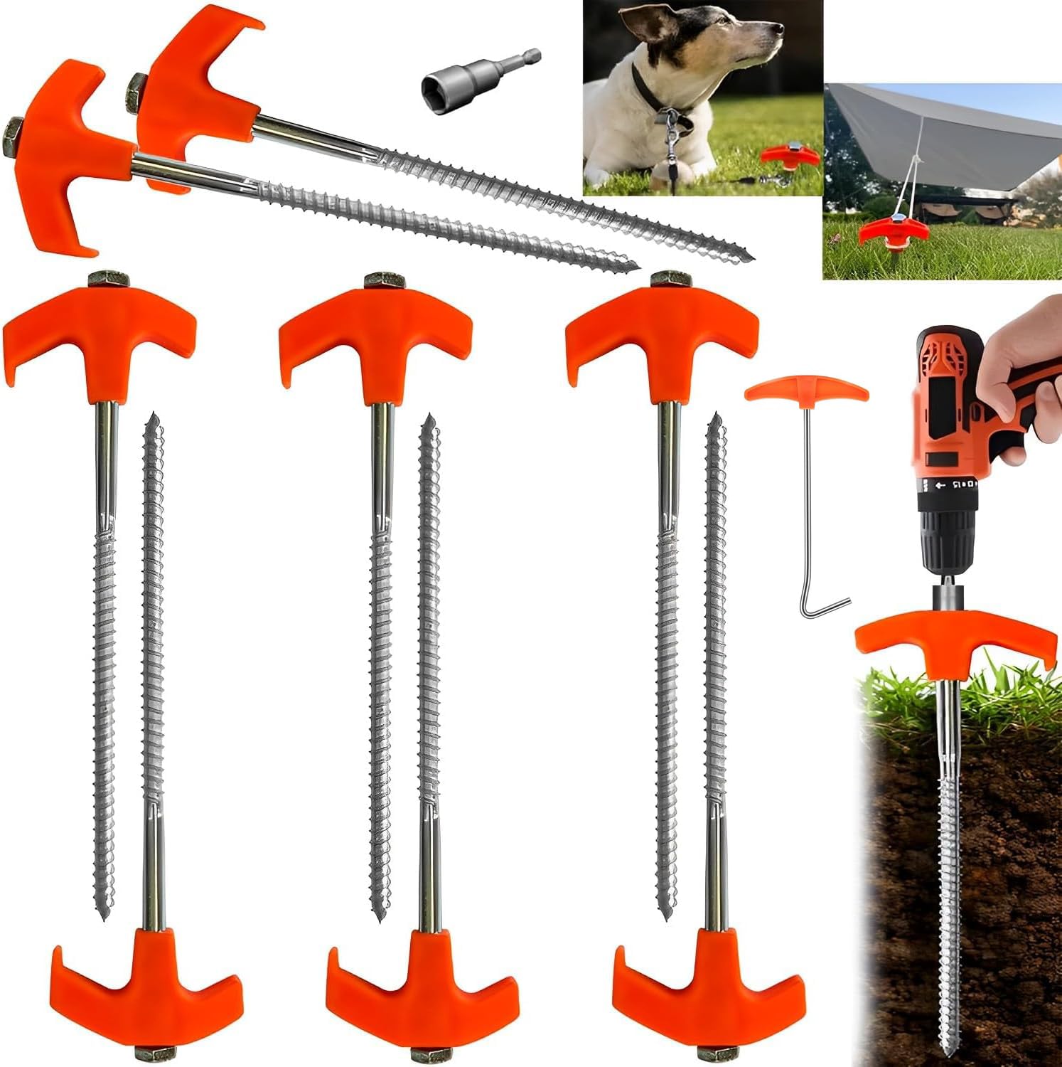 8" Screw in Tent Stakes - Ground Anchors Screw in, Screw in Tent Stakes Heavy Duty, Metal Threaded Tent Spikes, Tent Pegs Camping Stakes, Tent Stakes for Outdoor Camping (10pcs)