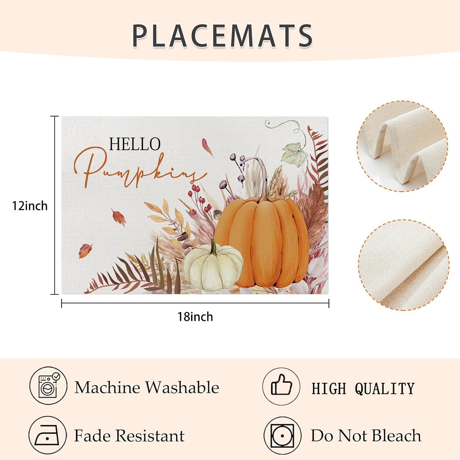 ONFAON Fall Decorations for Home,Fall Placemats Set of 4,Orange Hello Pumpkin Leaves Washable Table Dinner Mats for Autumn Farmhouse Home Kitchen Decor, 12 x 18 Inch CD01