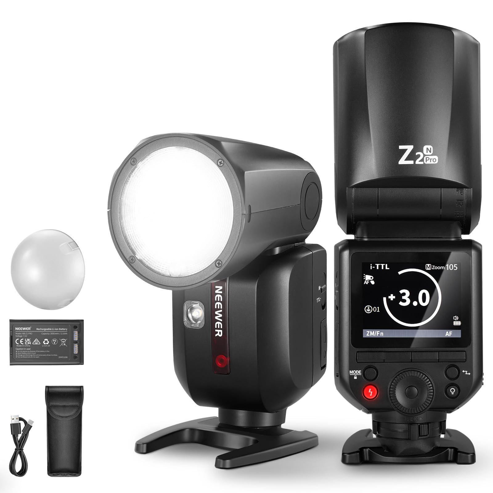 NEEWER Z2PRO-N Flash Speedlite Rotondo TTL 2.4G Compatibile con Nikon, Wireless Compatibile con Godox, 76Ws HSS 1/8000s, UI Aggiornata, Tasto TCM per TTL/M, 3000mAh 600 Luce a Piena Potenza, Diffusore