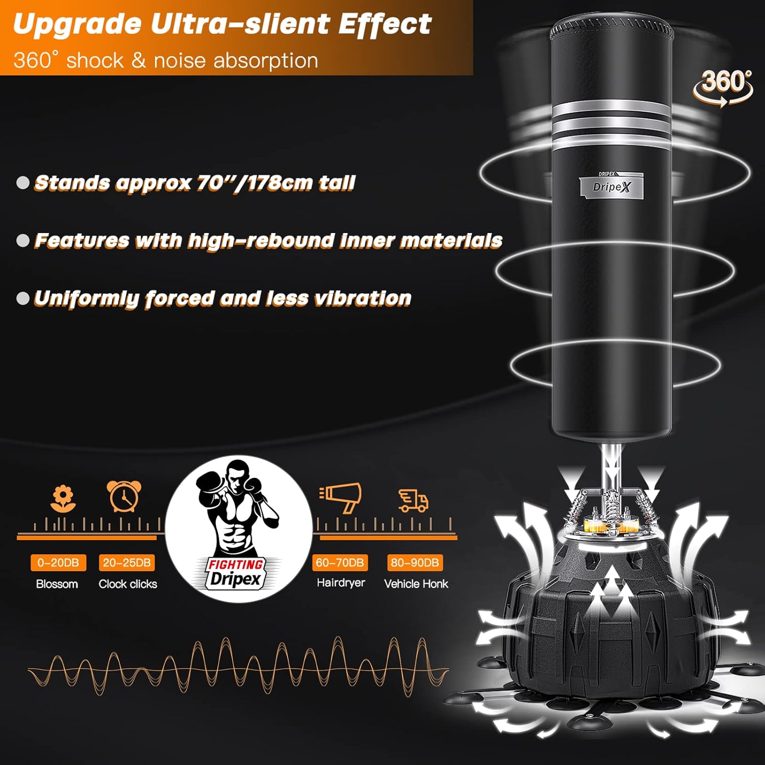 Dripex Freestanding Punching Bag, Heavy Boxing Bag with Stand for Adults, Men Standing Kickboxing Punch Bag with 19 Suction Cups 6 Extended Legs Base for Home Gym Office MMA Boxing Training