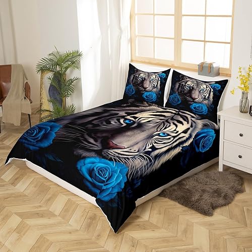 Miniatura 2 de Feelyou Juego de funda de edredón de tigre 3D para niños, juego de ropa de cama con estampado de tigre rosa azul, tamaño individual para