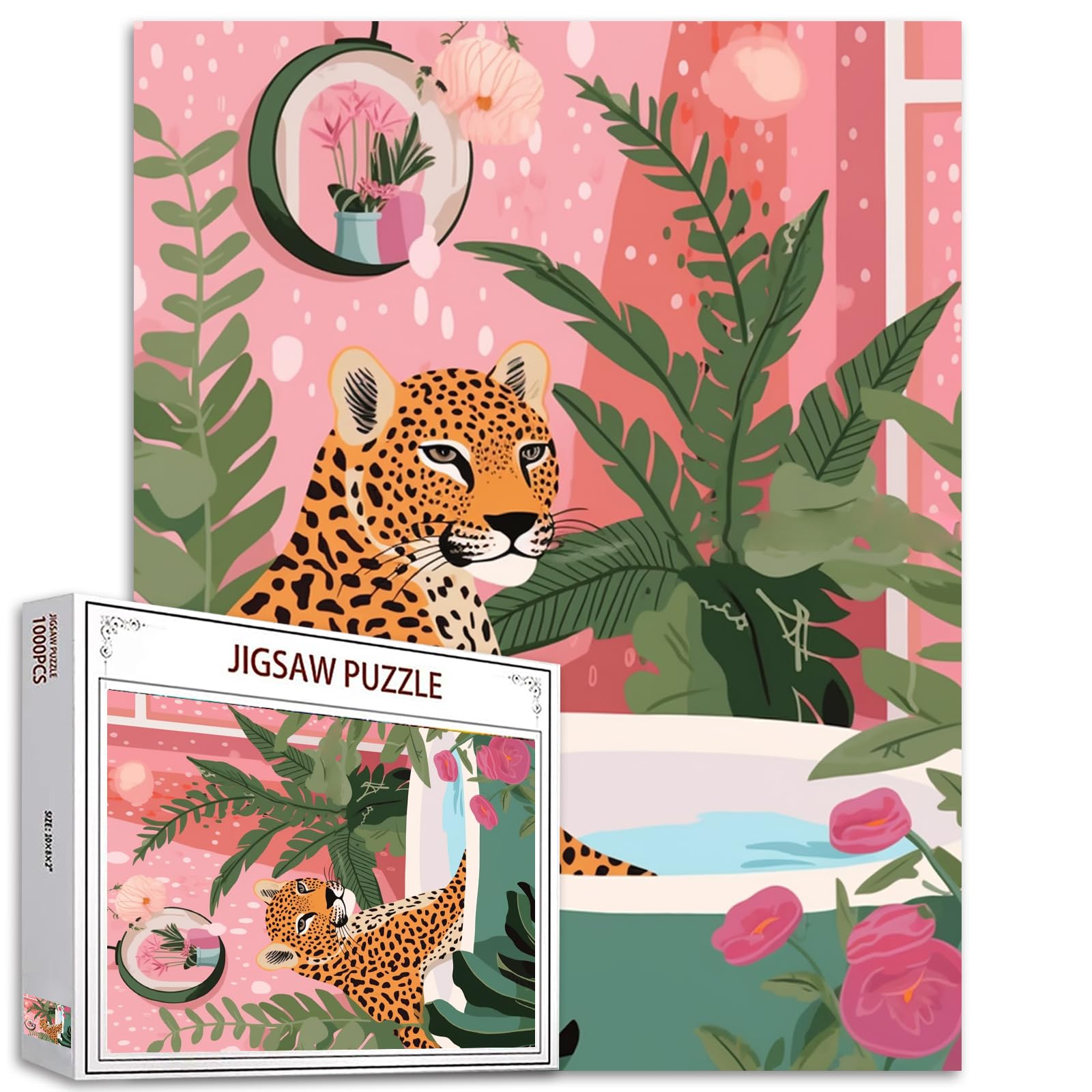 Tucocoo Leopard Bathtub Jigsaw Puzzles for Adults 1000 Pieces, Pink Bathroom Animal Botanical Leaves Art Jigsaw Puzzle Colorful DIY Puzzles for Home Decoration, Family Puzzle Perfect for Game Nights