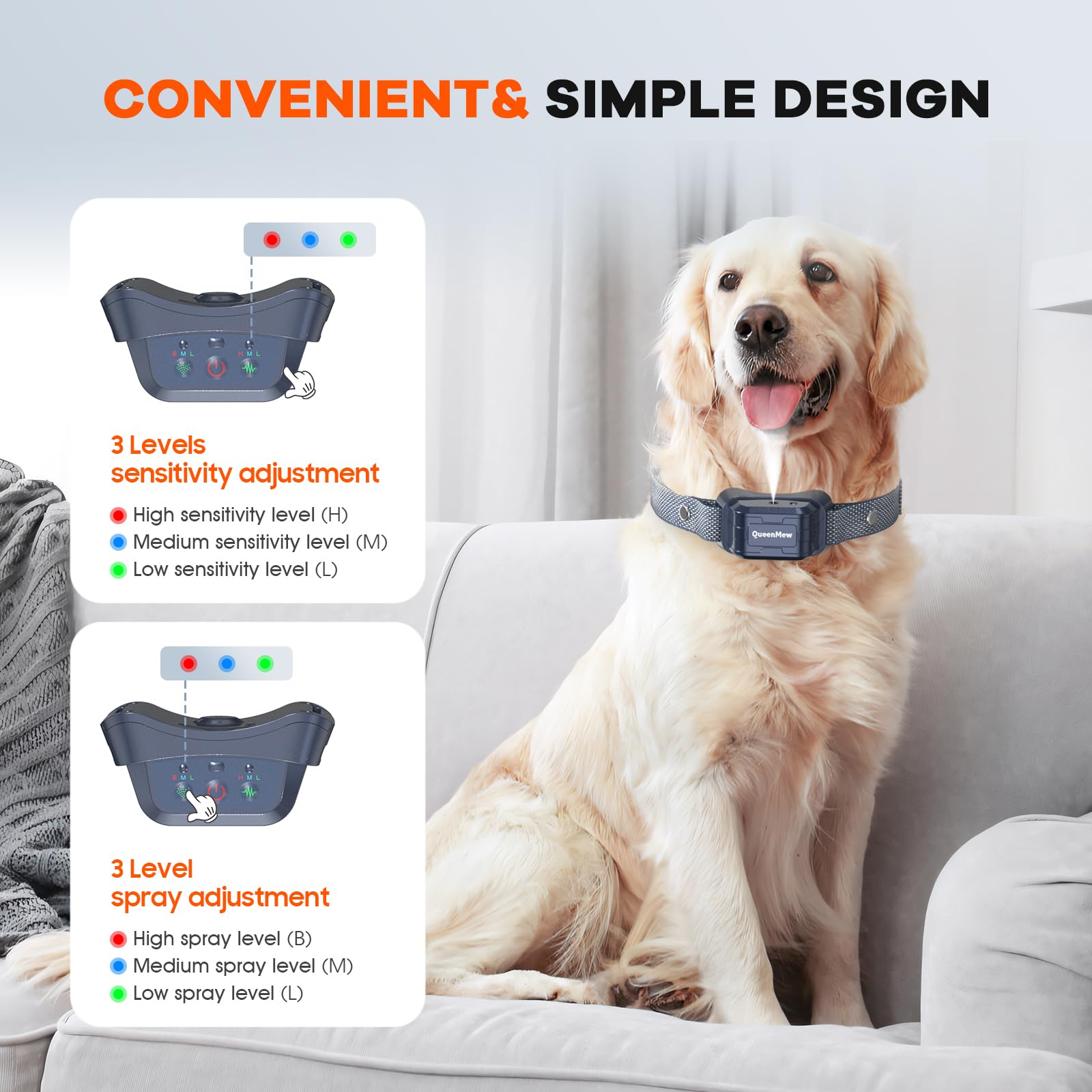 Collare Antiabbaio per Cani, Collare Antiabbaio a Spruzzo con 3 Livelli di Sensibilità e Spruzzo Regolabili, CollareAntiabbaio per Cani alla Citronella Impermeabile e Ricaricabile con 2 Cinturini
