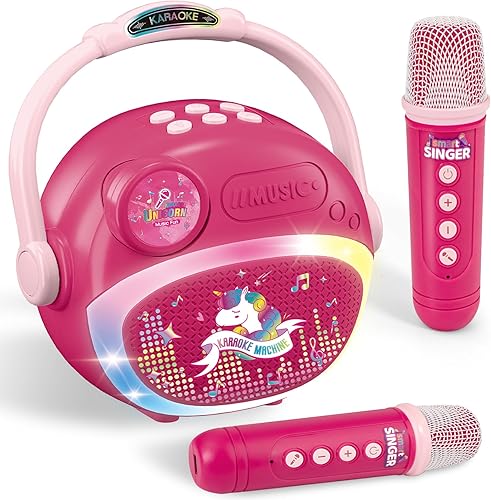 Mini máquina de karaoke para niños y niñas, micrófono para niños, altavoces Bluetooth portátiles con 2 juguetes de micrófono inalámbrico para niñas