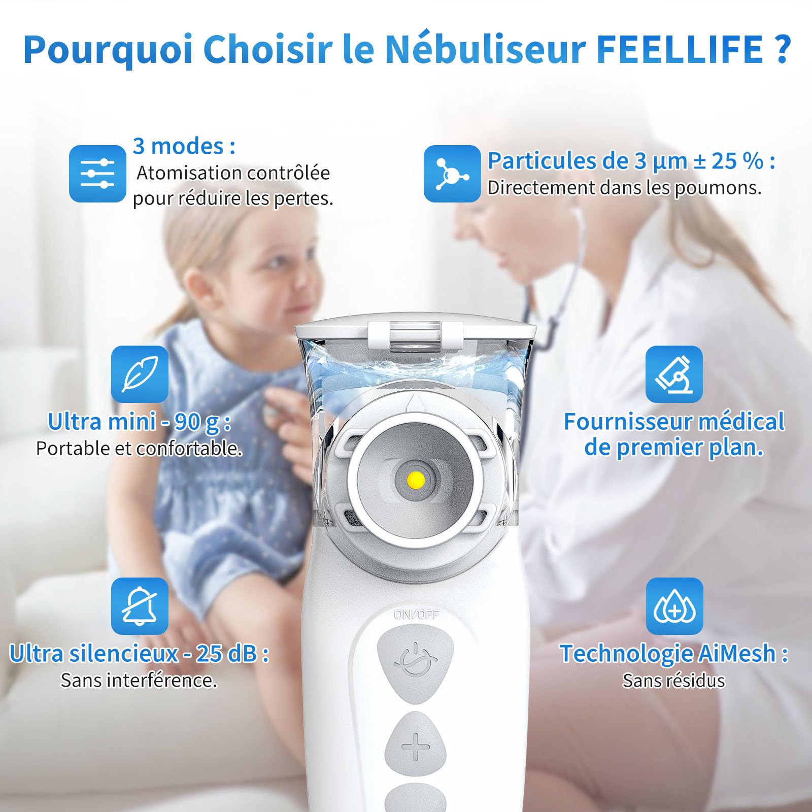 FEELLIFE Inhalateur pour Enfant et Adulte, Rechargeable Nebulisateur Silencieux Taux d'Atomisation Réglable, Inhalateur Portable pour Traitement de la toux, de l'Asthme et Maladies Respiratoires
