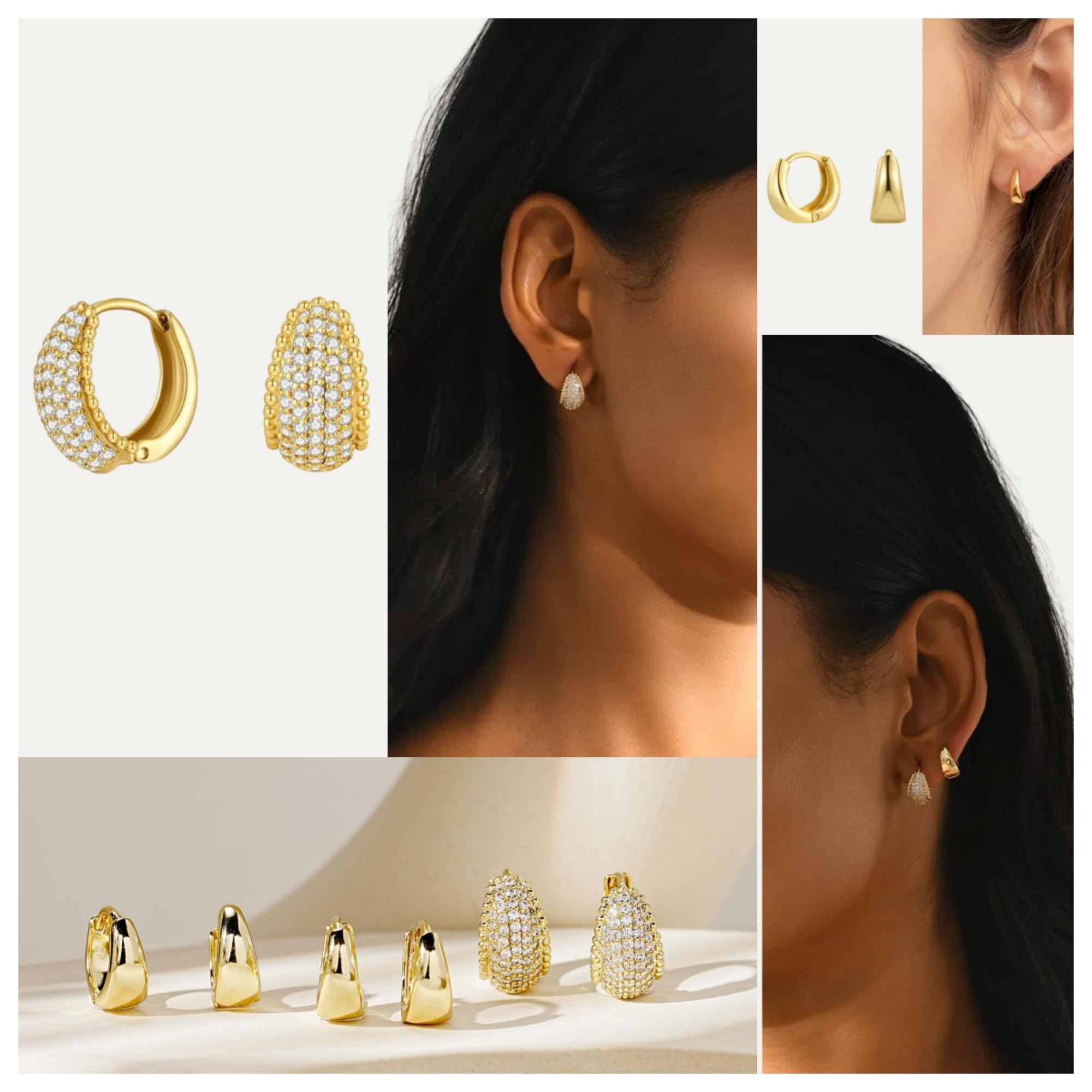 3-teiliges goldfarbenes Creolen-Ohrring-Set, stapelbar, kleine Huggie-Creolen und Ohrstecker, klobige Goldohrringe, hypoallergen, anlaufgeschützt, zierliches Schmuck-Geschenk-Set für Frauen