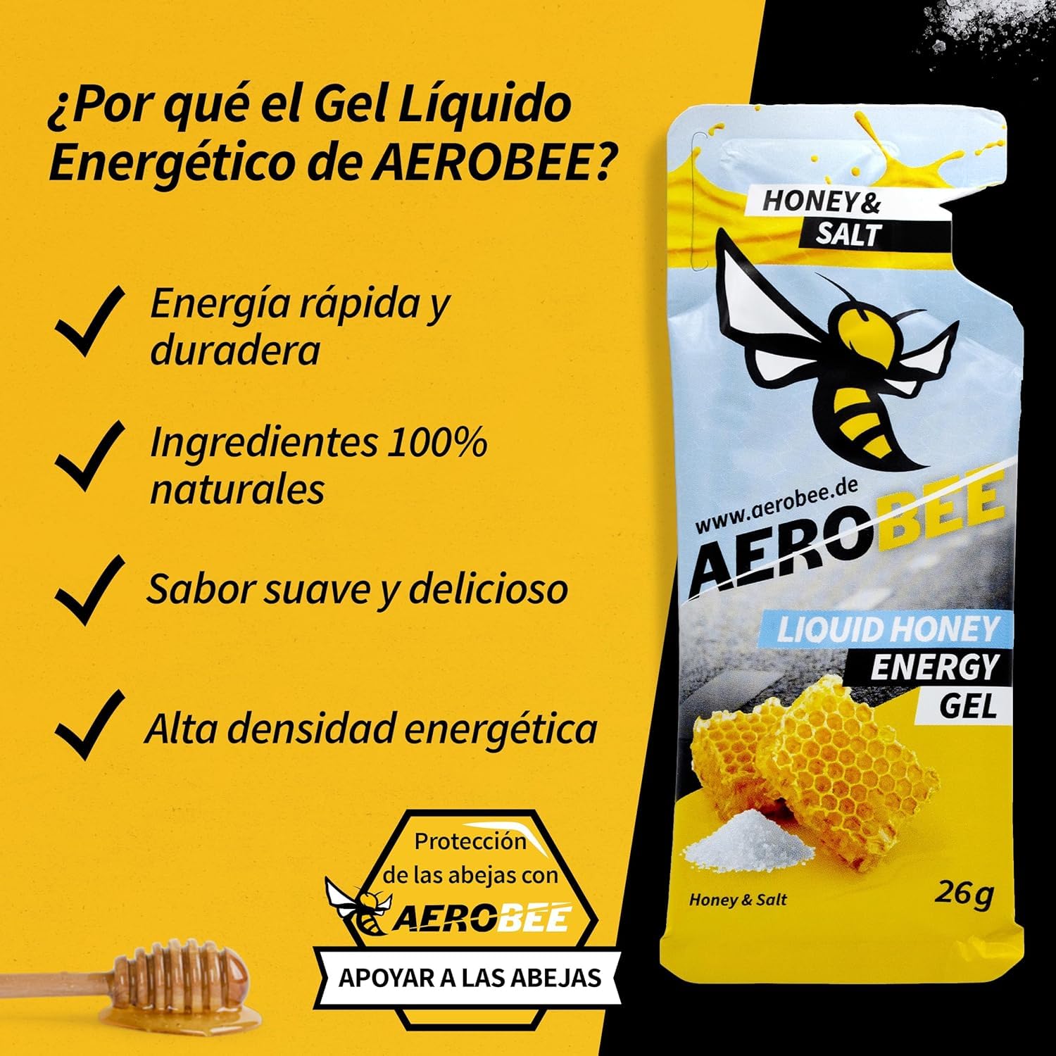 AEROBEE Energy Liquid Gel - Sabor a Miel y Sal 10x26g [Energético líquido 100% natural de miel] Gel líquido deportivo para ciclismo, deportes de resistencia, running, maratón, gel de carbohidratos