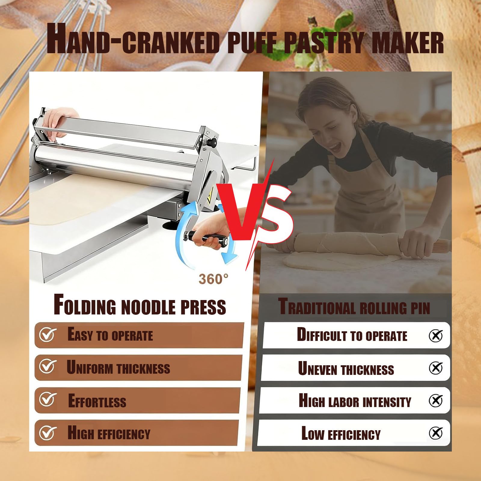 Faltbare Teigausrollmaschine mit Ausrollbrett, manuelle Teigausrollmaschine aus Edelstahl, einstellbare Teigstärke von 0–25 mm, geeignet für Pasta, Croissants und Nudeln A300