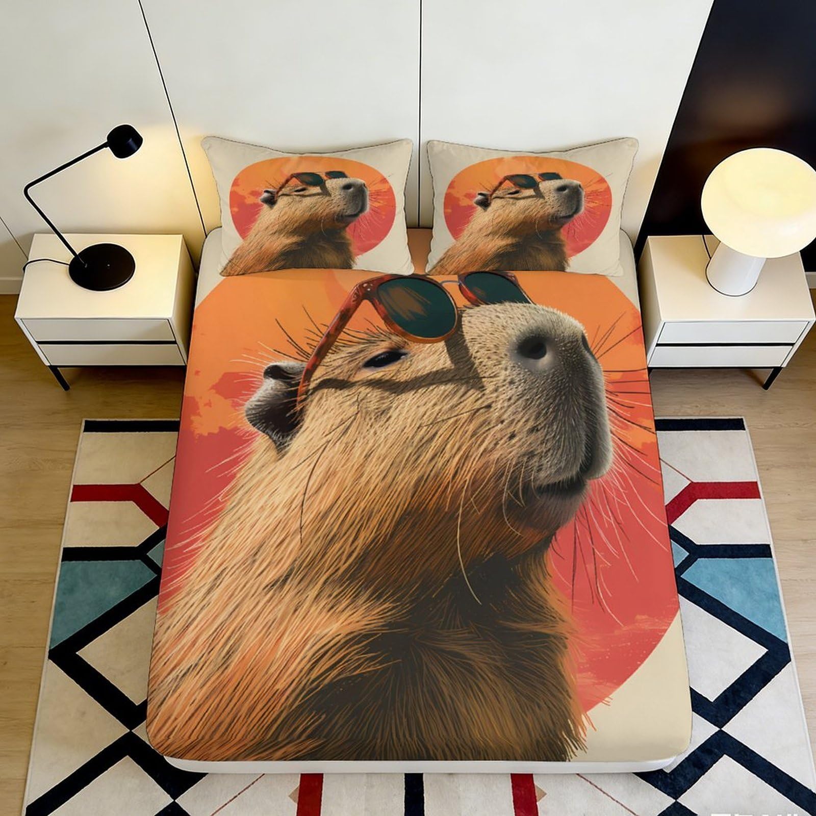 3D Printed Cool Capybara Fitted Sheet Microfiber Soft Durable Retro Sunglasses Bed Cover for Bedroom Dormitory Guest Room Mattress Protection 140x200x25cm
