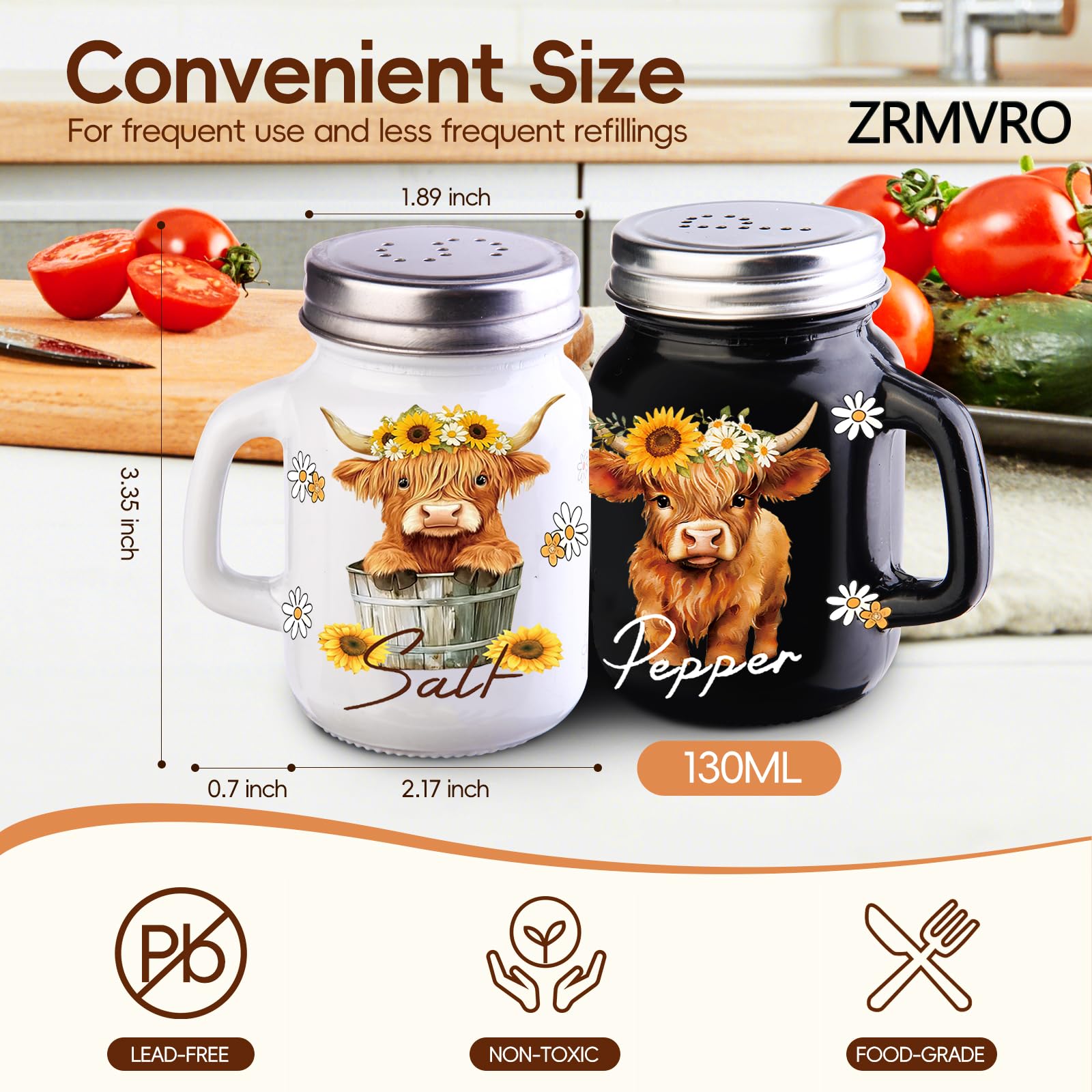 Juego de 2 saleros y pimenteros, diseño de vaca de las tierras altas, bonitos saleros y pimenteros para decoración de cocina, salero y pimentero blanco y negro con tapas de acero inoxidable